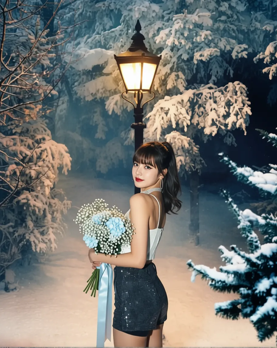 place yourself under chronicles of Narnia like Lucy under the lamp post holding a bouquet of Ice Flowers