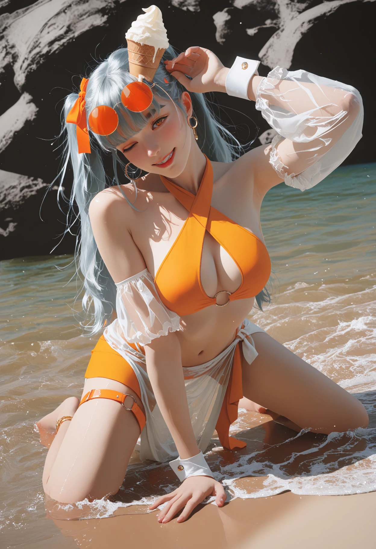 Highest quality,8Kのmasterpiece,Super detailed,超A high resolution,High resolution,Super Beauty,The beauty of raw photography:2.0,
((Ultra-Realistic Details)),Very intricate detail,(Photographed from the front:1.6),Depth of written boundary,
High background image quality,Full body description,(Realistic:1.5),(masterpiece:1.5),
(Perfect figure:1.5),(View from the front:1.9),Accurate,Anatomically correct,
(((Oily skin:1.8,Glowing Skin 1.5,Glowing Skin))),
Looking into the camera,Realistic:1.9,She wears a vibrant kimono decorated with intricate patterns and a wide sash.,
Gorgeous embroidered kimono,((A kimono with a wide open ?????:1.5)),
(((Japanese Kimono:1.5))),((((1 female:1.9,solo)))),Colorful kimonos,
Wear a swimsuit under your kimono,
25 year old adult Japanese woman,Beautiful Hair,Delicate and beautiful face,Eye and facial details,Shining Eyes,
Symmetrical eyes,Beautiful light brown eyes,double eyelid,Thin eyebrows,(Glossy Lips:1.8),(blush:1.2),
(((Bursting ???????????:1.5,Don't show your ??????,Cleavage:1.6))),
????????????,?????????????,????,The lower half of the body is hidden by the kimono and cannot be seen.,
Show off your ????? to the audience,(Ultra-slim waist),Toned Abs,
Slim thighs,Narrow waist,Soft skin body,???? gravure pose,
Long black hair,Random hairstyle,Height 175ｃｍ,
(((Best Smile:1.9,Smiling and showing white teeth))),(Beautiful sea beach:1.25),
Midsummer Beach,blue sky,White sand beach,Woman happily running on the beach,(Beautiful sandy beach:1.15),