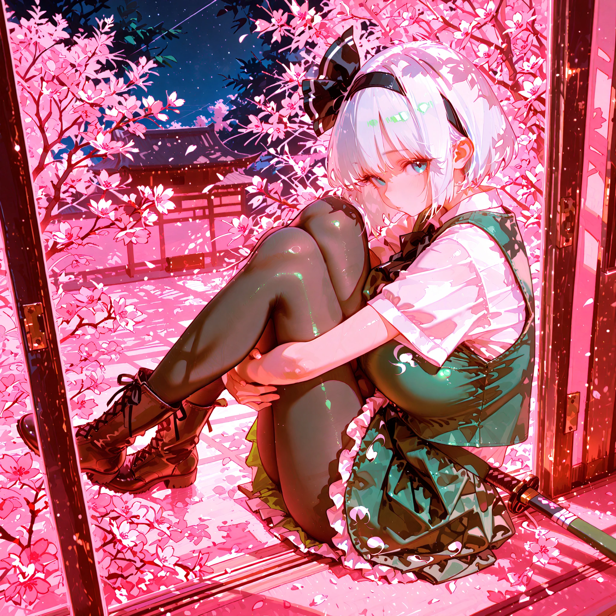 (8k), (best quality), (detailed illustration), (konpaku youmu), Realistic Shadows、colored line art、Hairstyle faithful to the original、smooth short bob、white hair、black headband、(detailed face)、(finely drawn face parts)、blue eyes with highlights、look at viewer, above、Kyoton Face、Looking In、露出のないfrills付きの白いボタン付きシャツ、Short sleeve、black ribbon tie、Green Long Vest with Front Closure、frills、(Thick green knee-length skirt)、(Detailed knees丈スカート)、(black tights with split fingertips)、Bare legs、(Don't wear boots )、Brown leather boots in the back、Fleshy figure、huge breasts without any exposure、(Unexposed Flat Stomach)、Super whiplash thighs, full body, from above, Japanese Style Room、gym sitting、(Detailed knees)、knees up, hugging own legs, knees to chests、(at Night)、from side, (night)、Pink Soft Light、Slightly visible cherry blossoms from the window、Fantastic illustration that is slightly pink
