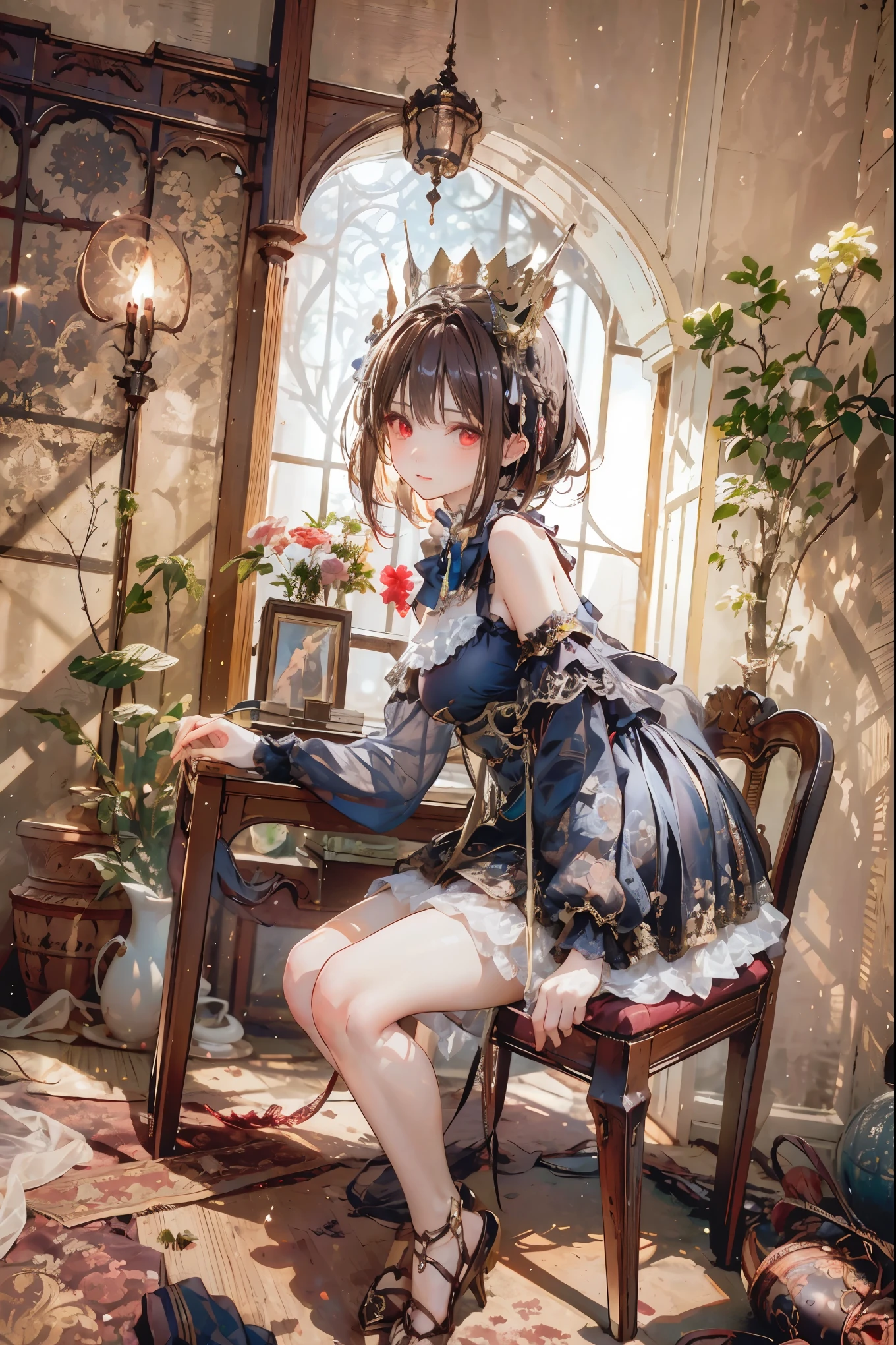 (((red eyes)))、(((Gold crown)))、night，A bewitching crimson eyed fairy with high quality red eyes and a sad expression、Sitting on a splendid chair in an abandoned castle、It looks like they are crossing their legs。luxurious crown，brown hair，shortcuts，unkempt hair，long skirt that comes off the shoulder straps，Short braided hair，Neat，slender beauty，correct posture，small breasted，Beautiful legs，Enchanting Gray-Blue Eyes Shine Like Stars，Saggy Eyes，Brilliant Colors,beautiful eyes,A delicate smile,Textured Skin,Best quality at its best,gentle and beautiful woman,anime style､darkness and moonlight shining in the background、there are multiple old portraits hanging that make you feel the passage of time。meteor、空から降り注ぐmeteor、無数のmeteor群、the color of determination floats in her mouth、a small flame shines thinly。detailed 4K rendering,Ultra High Definition,Photographic Realism,professional,Extremely colorful,bokeh