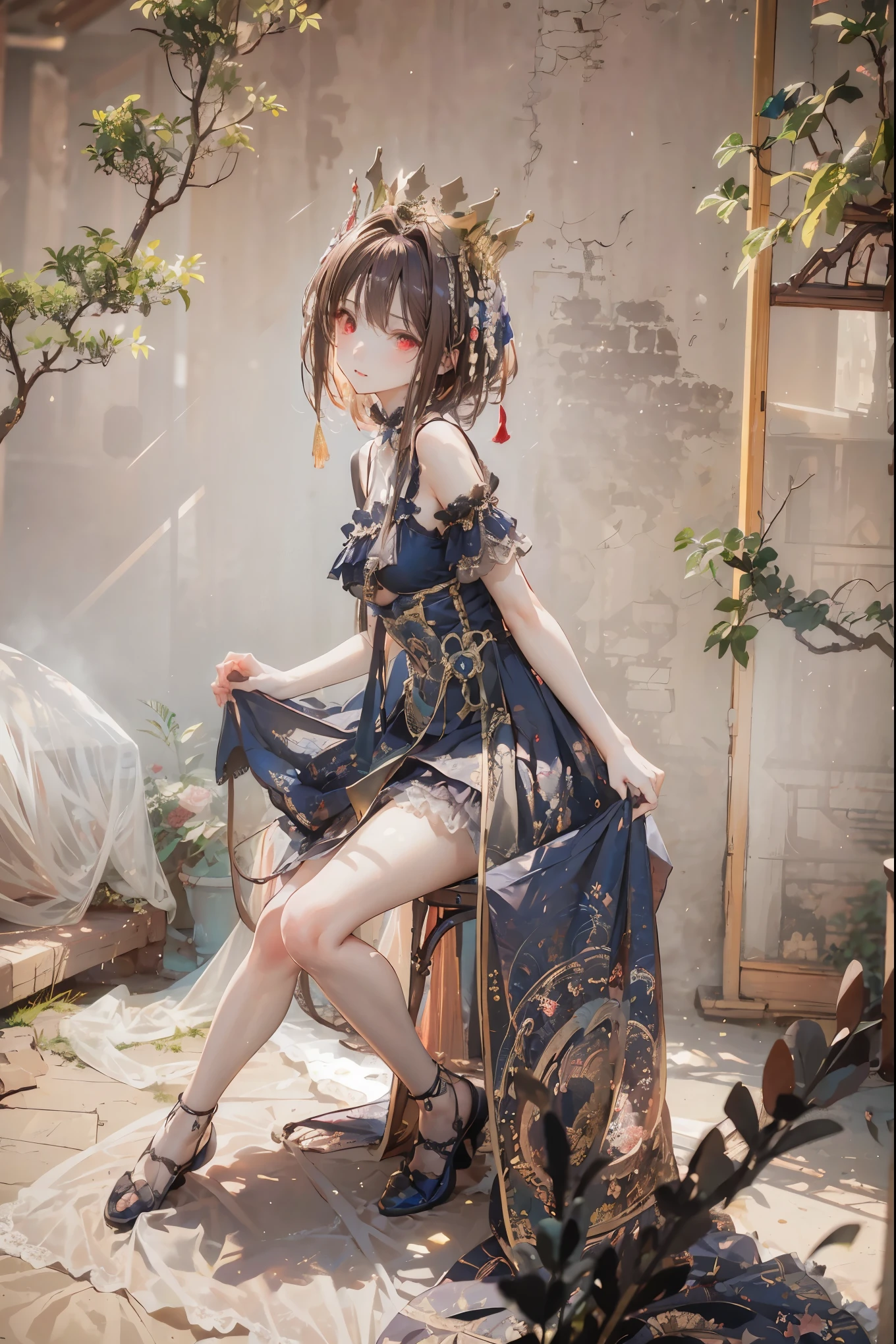 (((red eyes)))、(((Gold crown)))、night，A bewitching crimson eyed fairy with high quality red eyes and a sad expression、Sitting on a splendid chair in an abandoned castle、It looks like they are crossing their legs。luxurious crown，brown hair，shortcuts，unkempt hair，long skirt that comes off the shoulder straps，Short braided hair，Neat，slender beauty，correct posture，small breasted，Beautiful legs，Enchanting Gray-Blue Eyes Shine Like Stars，Saggy Eyes，Brilliant Colors,beautiful eyes,A delicate smile,Textured Skin,Best quality at its best,gentle and beautiful woman,anime style､darkness and moonlight shining in the background、there are multiple old portraits hanging that make you feel the passage of time。meteor、空から降り注ぐmeteor、無数のmeteor群、the color of determination floats in her mouth、a small flame shines thinly。detailed 4K rendering,Ultra High Definition,Photographic Realism,professional,Extremely colorful,bokeh