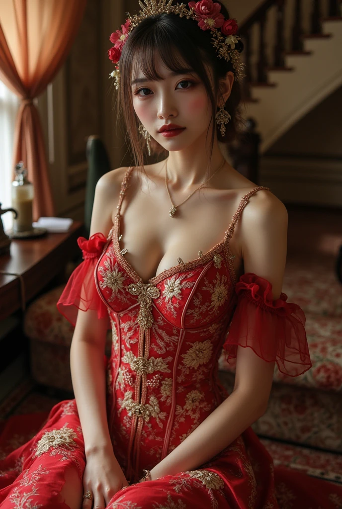 Beautiful Chinese woman, dressed in silk highly detailed European shiny smooth ballgown with corset, large breasts, cleavage, royal, tiara, amazing makeup, amazing detail, silk opera gloves, dyed colourful hair, alternative emo goth girl