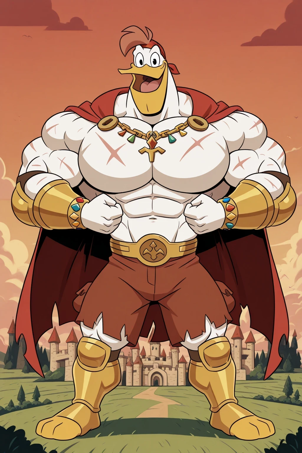 score_9, score_8_up, score_7_up, score_6_up, best quality, highres, source_furry BREAK (outdoors, field and castle, detailed tiny and micro background:1.2)
1boy, male, solo, duck, beak, teeths, giant launchpad mcquack the giant barbarian pelican, golden armor with colorful jewels, golden chest with colorful jewels, golden wrestler champions belt, Red headband, Golden wrist tape, Golden elbow pads, Golden kneepads, ripped red underpants, red underpants, bigger golden bracelets with colorful jewels, golden necklaces with colorful jewels, red tattoos, scars on the body, big feets, ripped very long red prince cape, cartoon, anthro, anthro male, green muscular body with ginormous biceps enormous pectorals and powerful abs, giant size, macro size, 50-foot size, 100-feet tall, white skin, yellow legs, shirtless, black eyes, open smile with teeths, happy, looking at viewer, flexing his powerful muscles pose, ginomous biceps, enormous pectorals, detailed abs, powerful smile, short hair, red hair, anthro, smile, furry, muscular body, full body, giant size, macro size, 50-foot size, 100 feet tall.