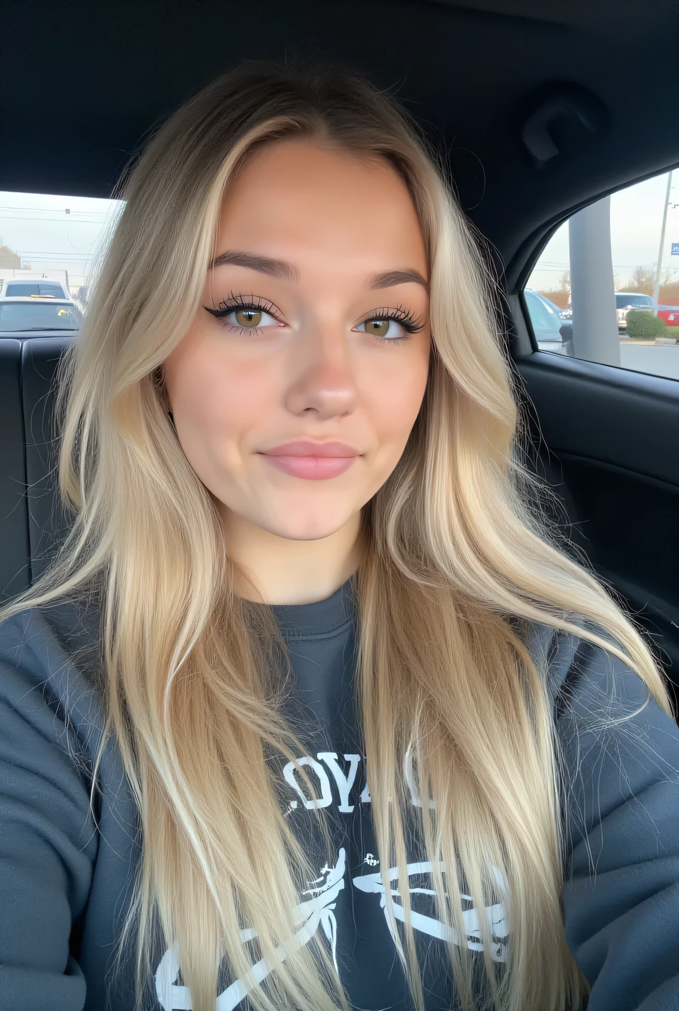 1girl, dans sa voiture, femme long hair blonde, emo_Coiffure, lips, Gros tour de cou, eye-liner, eye shadow, mascara, smoky eyes, chambre, natural lighting, visage parfait, emo, gros seins, sweatshirt sombre par-dessus l'épaule