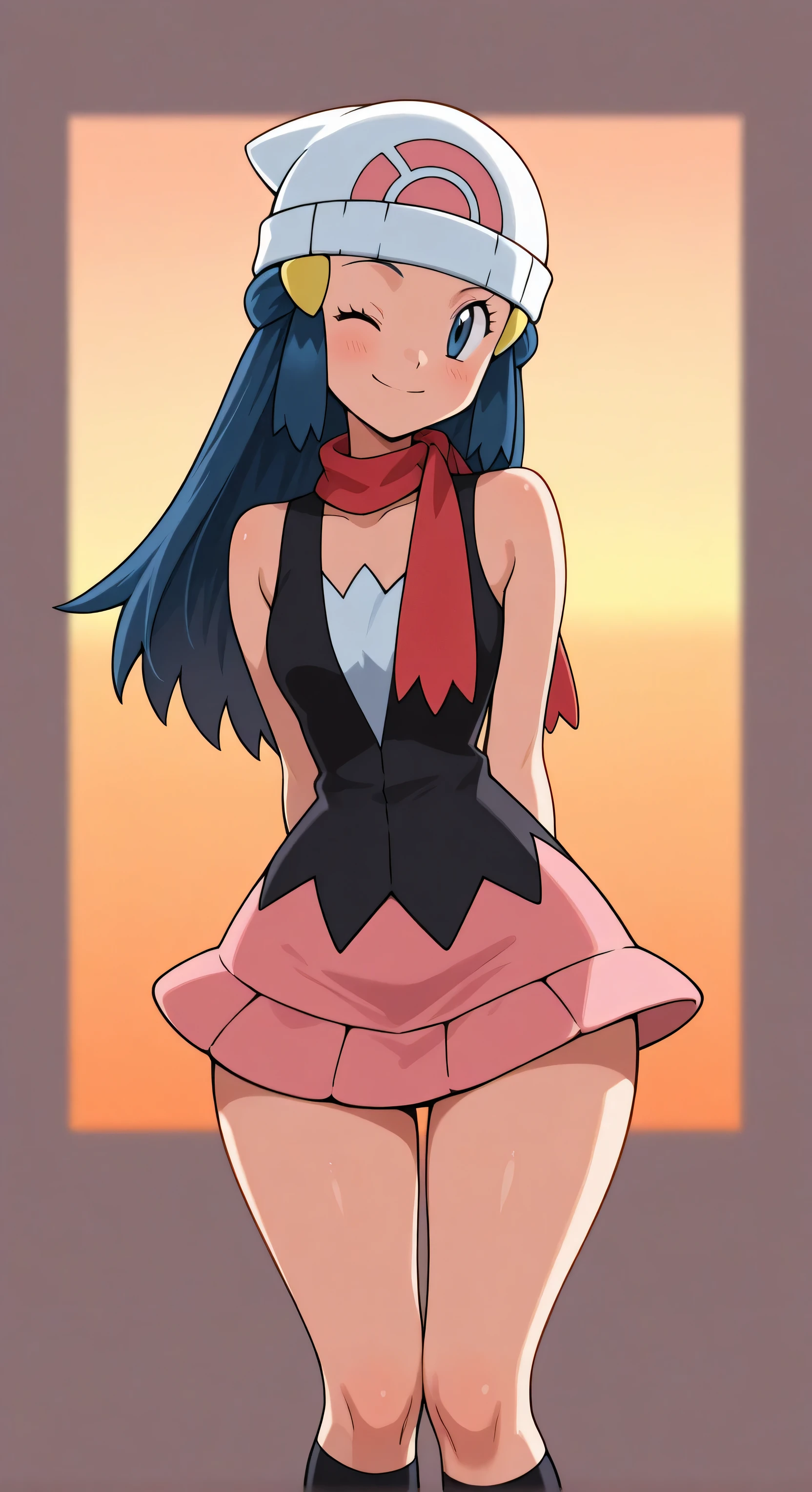 Pokemon dawn, long hair, hourglass body, pokemon anime, black v neck vest, tiny pink miniskirt, black socks, kneehigh, red scarf, sleeveless, wide hips, tiny waist, hands to the side, smiling, winking, cowboy shot, bend over, sunset background