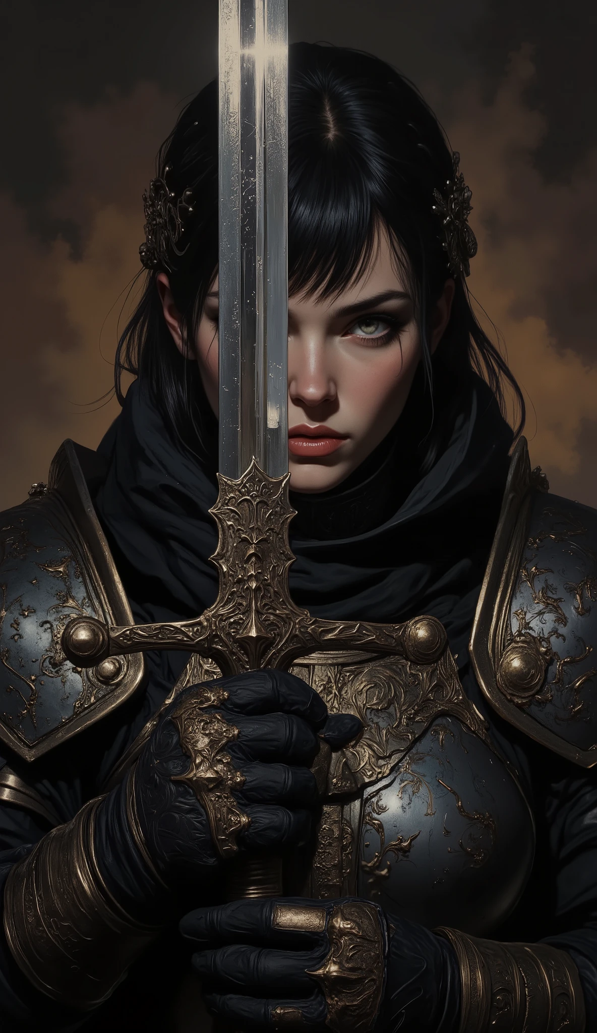 Create a highly detailed, close-up portrait of a female knight in a ...