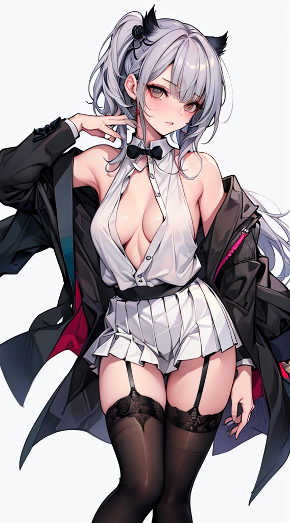 Unzipped jacket， no brassiere， Both  were exposed，Obvious powder lace panties