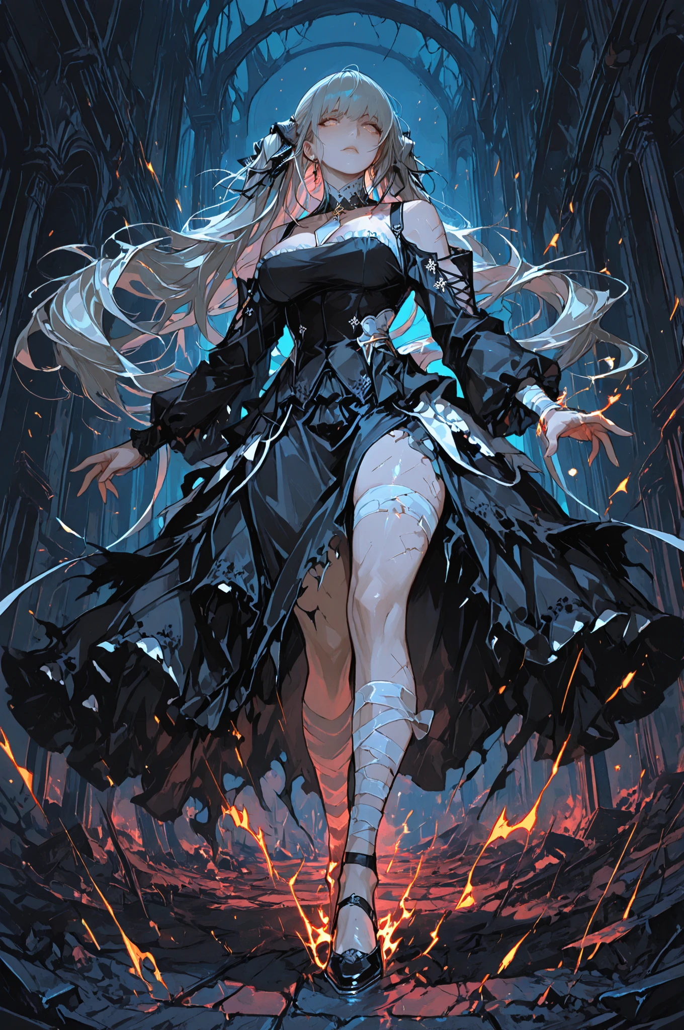 score_9, score_8_up, score_7_up, <lora:Pony_Stylized_Dark_Ambience_-_SDA:0.8> intricate details, dark atmosphere, glowy eyes, solo, looking at viewer, (1girl:1.1), highre, devil, black lips, long straight hair, detailed hair, (anime style:1.2), from the darkness, , masked, reflection, (from below:1.1), black dress, <lora:add-detail-xl:0.8>, inside a cave, red eyes, White hair