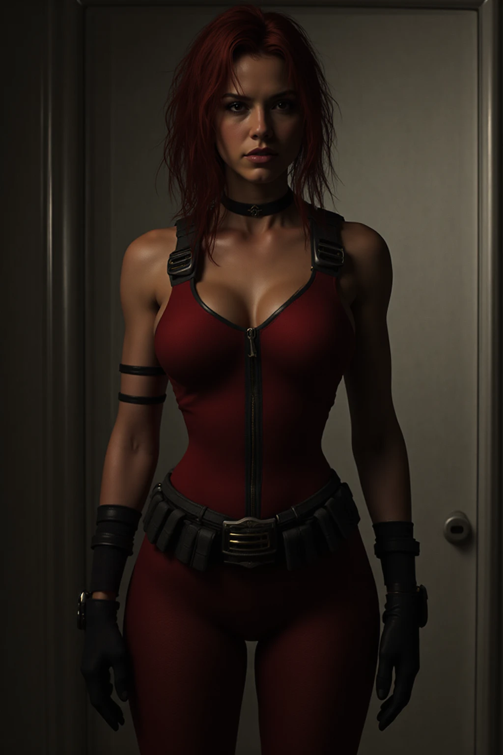 The badass cyberpunk 3098 apocalypse warrior, mature woman, strong body, (red eyes), dark red hair,, battle scar's, neon shadows,, dark horror gloomy weather, demons hunter,,(Solo leveling),,,tattoos,(massive perfect snoopy ??????:1.0), massive ??????????????,,(muscular body:0.5), undercut hairstyles,,shot hair, (????? ??????), (realistic skin texture:1.2),4k, (cinematic photography:1.0),,(head and ?????? closeup)