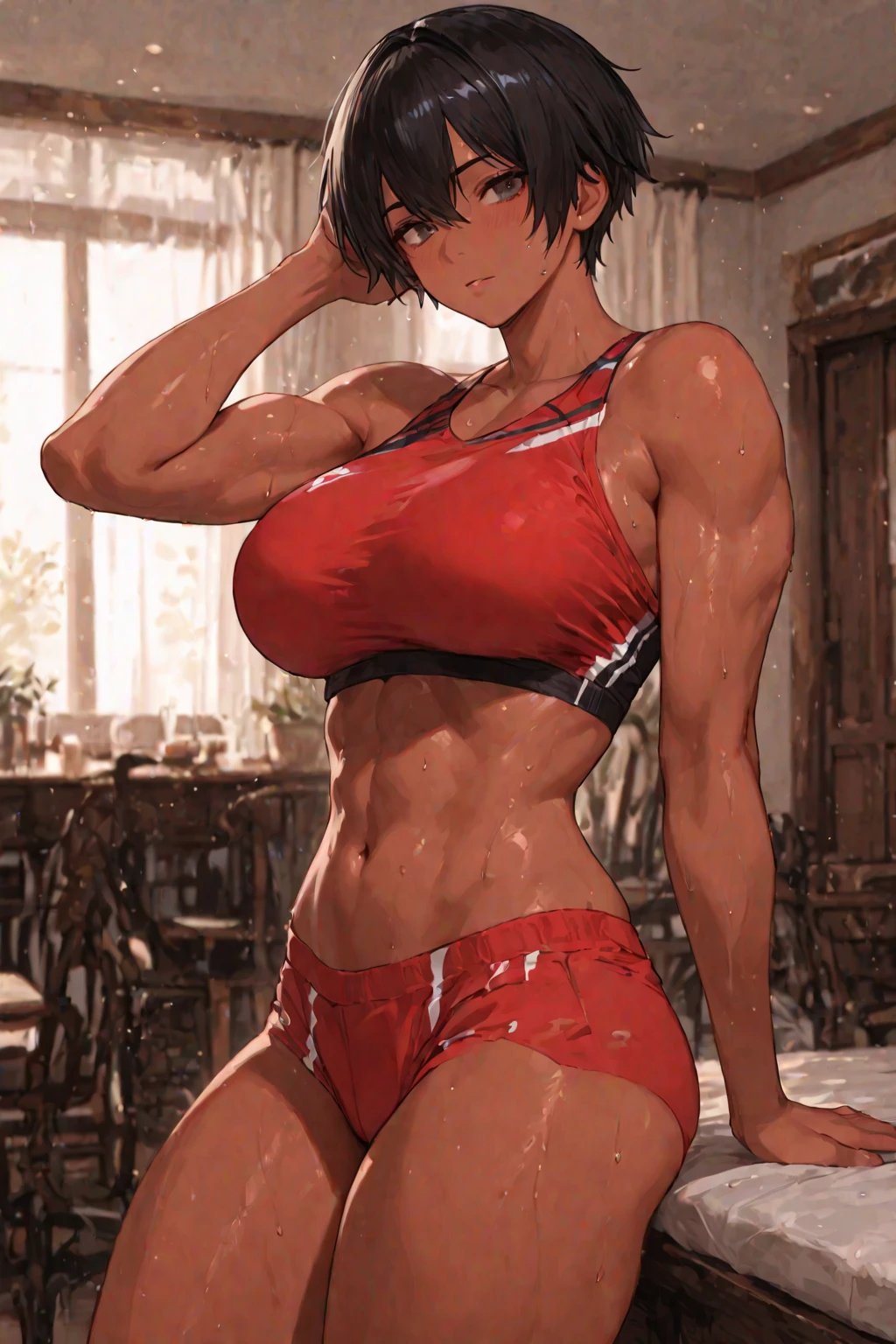 8K,master piece,anime,Perfect Anatomy,Suguha Kirigaya,1female,crossed eyes,(rolling eyes),(crying),(orgasm:1.3),cheerleader clothes,underboob,(cum in breasts),(((pull down))) a micro pleated skirt,((groin)),short hair,(huge perky breasts),(lean body:1.7)