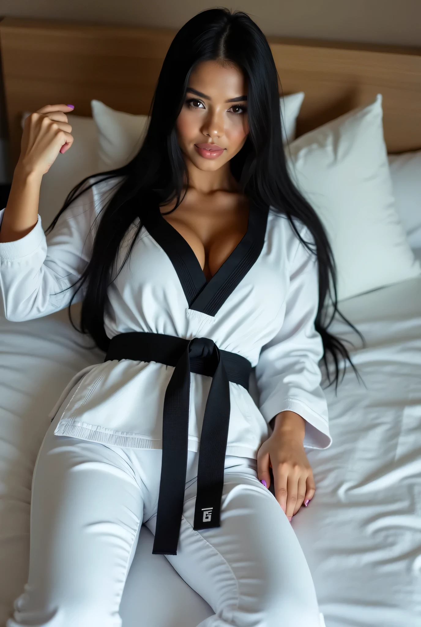 masterpiece, ultra details, best quality, 1 sexy latina taekwondo girl, masterpiece, ultra details, best quality, black long straight hair, wearing white sweaty World Taekwondo Federation dobok uniform with “black V-neck”, wearing long taekwondo “black belt”,wearing white martial arts pants without pockets, laying on hotel bed 
