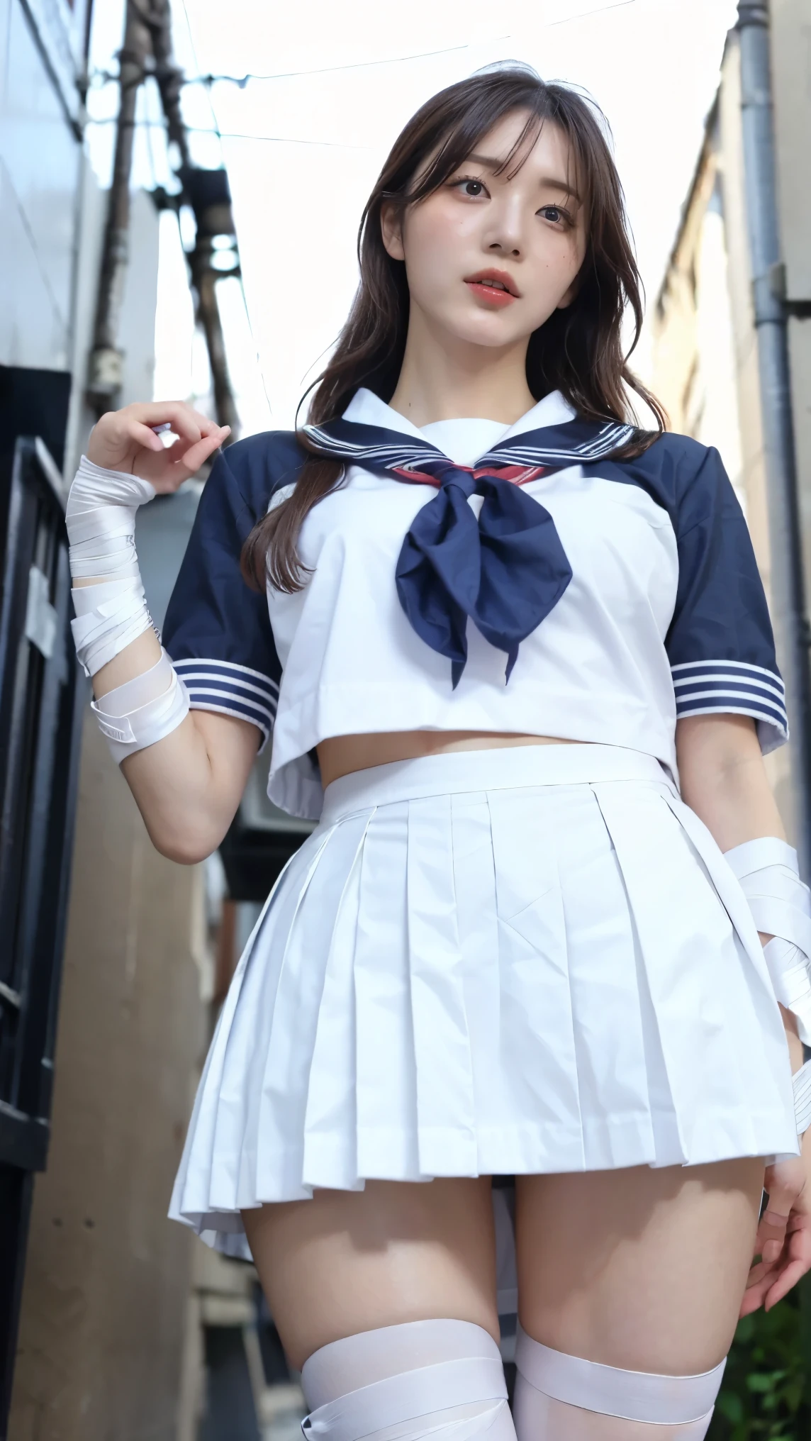 very realistic photo, (A beautiful Japanese girl is lifting up her pleated skirt to show panties., She is standing on a street of Tokyo.:1.3), sailor collared uniform, seifuku, panties, dark blue pleated skirt, (skirt lift pov, from below, lifted by self:1.3), (white panties:1.3), (cameltoe:1.2), (school uniform, skirt, serafuku, pleated skirt, neckerchief, short sleeves, sailor collar, shirt, red neckerchief, dark blue socks, loafers), (One of her thighs is fully bandaged.:1.5),