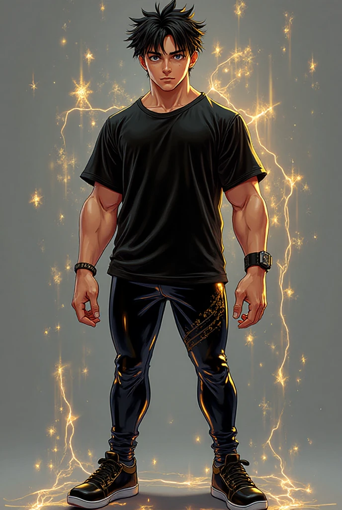 Realistic muscular 12 yo African American  boy shirtless tight jeans black leather belt tight around waist tennis shoes flexing muscles lightning bolts sparking shooting from inside belt bucle.