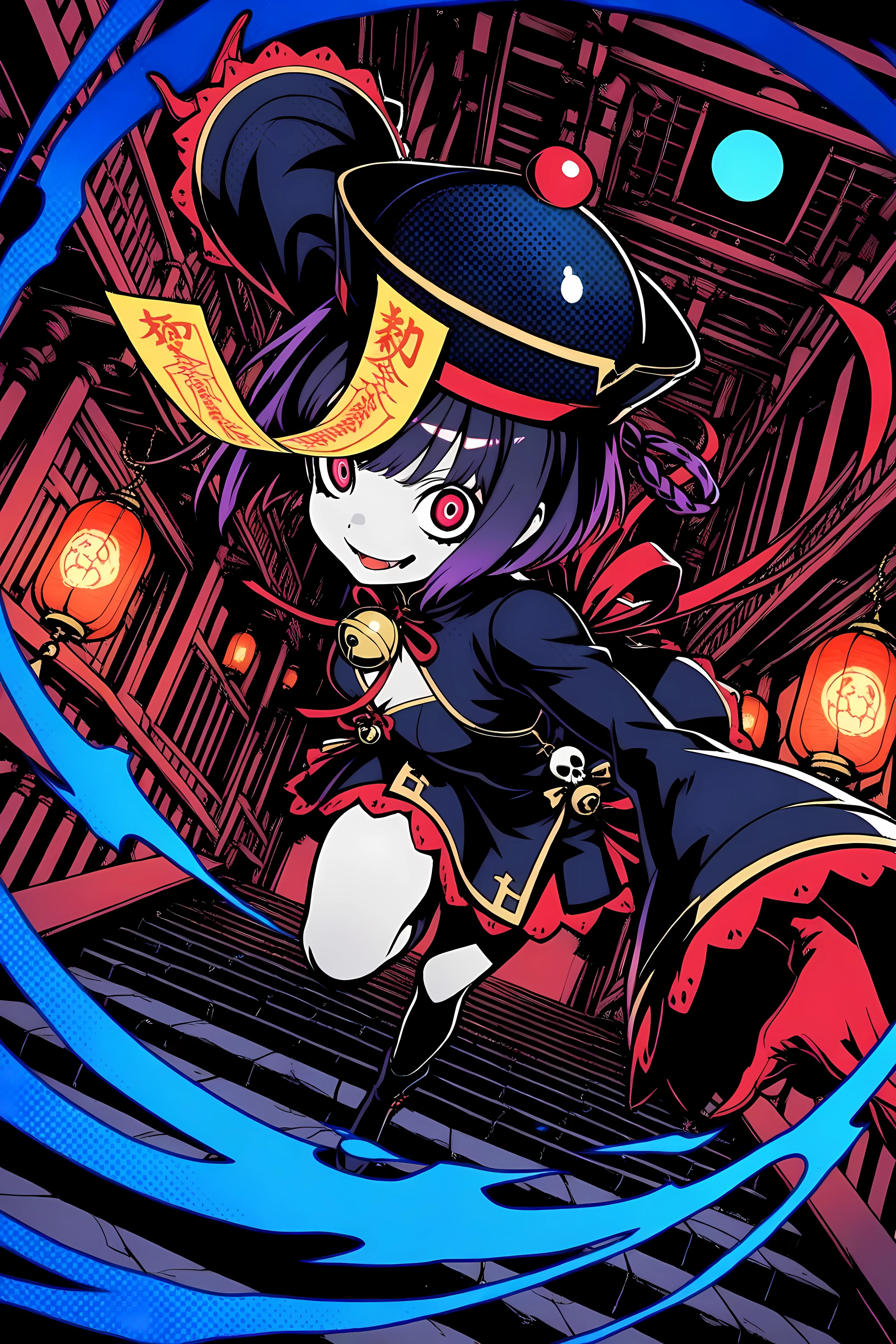 (masterpiece, best quality, clean cel-shaded pop-anime style, bold crisp linework, high saturation, pop-gothic Chinese jiangshi poster vibe, flat shapes, simplified geometry, clear silhouette, halftone dots, screen-tone texture (subtle), sticker-like cutout edges, minimal soft shading)
a stylish cute jiangshi girl striking a dramatic pose on a moonlit temple staircase; expression: mischievous smirk with glowing red eyes, pale skin, fangs barely visible; outfit: ornate Chinese-style dress in black and crimson with gold embroidered talismans, skull motifs, and oversized golden bows, bell sleeves trimmed in brocade, red ribbon tie under her chin; hair: short black bob with massive gold ribbon headpiece and hanging paper talisman over her forehead; composition: full-body, central framing, vertical layout awareness, strong foreground/background separation; background: dim shrine path lined with glowing red lanterns and talisman banners, blue moonlight reflecting off stone steps; palette: black, red, gold, violet, blue; effects: glow specks, halftone mist, floating paper charms, faint smoke trails; lighting: glossy highlights, hard rim light, faint bloom; angle: three-quarter view, spooky-cute elegance