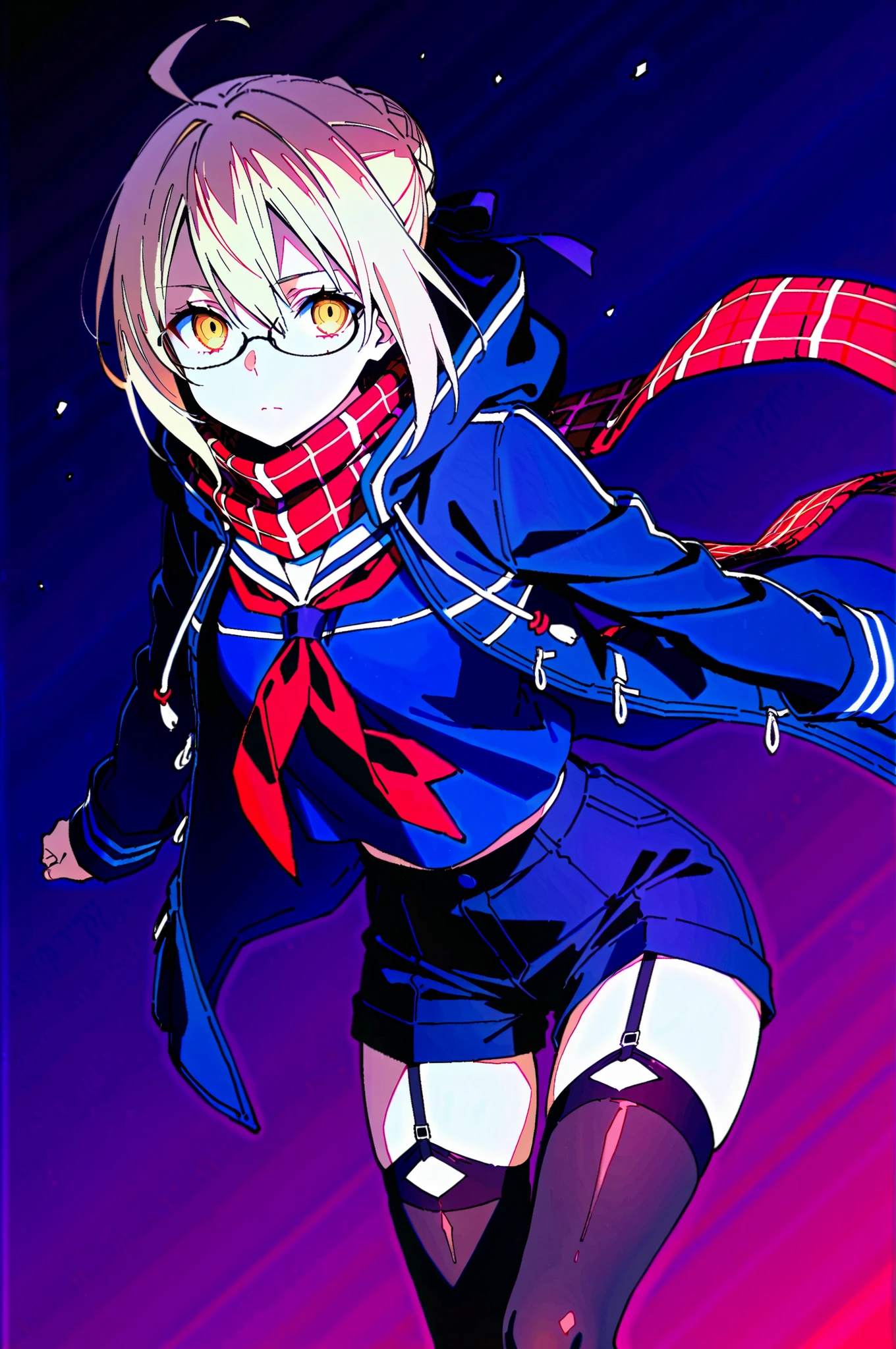 score_9, score_8_up, score_7_up, professional anime,HD,,dynamic shading,master piece,color balance,dynamic contrast,details in the image,best quality,amazing quality, 
,master piece,anime,HD,1girl,solo,(Mysterious Heroine X Alter (Berserker) from Fate Grand Order),short girl,petite,perfect body,wide hips,narrow waist,blonde hair, yellow eyes, single hair bun, braid, ahoge,glasses, serafuku, winter clothes, checkered scarf, blue coat, hood, garter straps, thighhighs