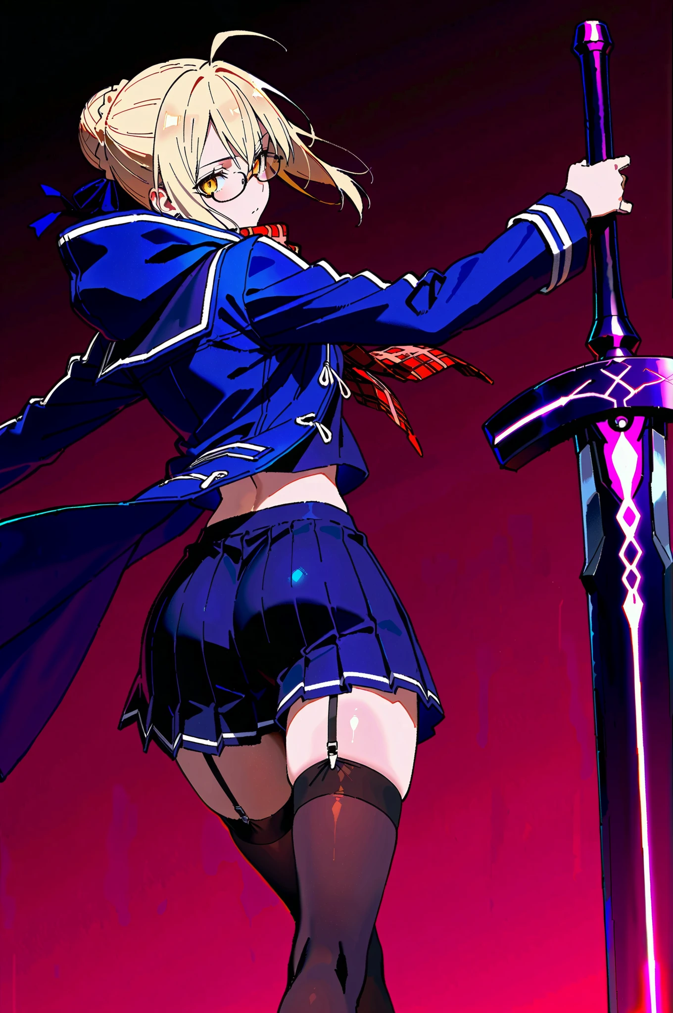 score_9, score_8_up, score_7_up, professional anime,HD,,dynamic shading,master piece,color balance,dynamic contrast,details in the image,best quality,amazing quality, 
,master piece,anime,HD,1girl,solo,(Mysterious Heroine X Alter (Berserker) from Fate Grand Order),short girl,petite,perfect body,wide hips,narrow waist,blonde hair, yellow eyes, single hair bun, braid, ahoge,glasses, serafuku, winter clothes, checkered scarf, blue coat, hood, garter straps, thighhighs