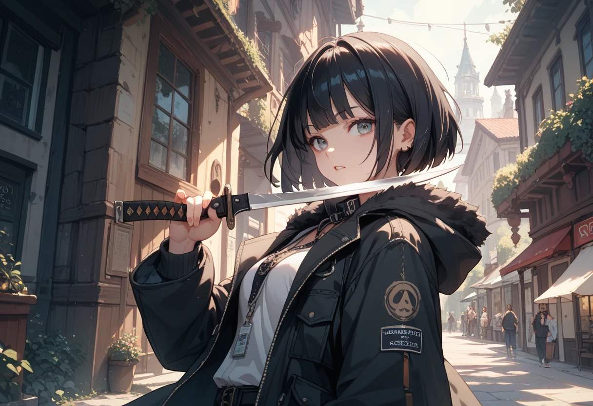 (masterpiece; best quality: 1.2), (finely detailed eyes: 1.3), ((10 year old female kid)), ((solo)), (red eyes: 1.4), (body; short, slender: 1.3), (long black hair in ponytail: 1.3), (beautiful and clear background: 1.2), ((depth of field)), (clothes: white wide-sleeve shirt + long black skirt + traveler pouches and satchel + mage staff: 1.3), (anime illustration: 1.2), (background; garden exterior: 1.1), (extremely fine and handsome: 1.1), (shot composition; standing + centered on torso + close-up: 1.5), (expression; calm, stoic: 1.2)