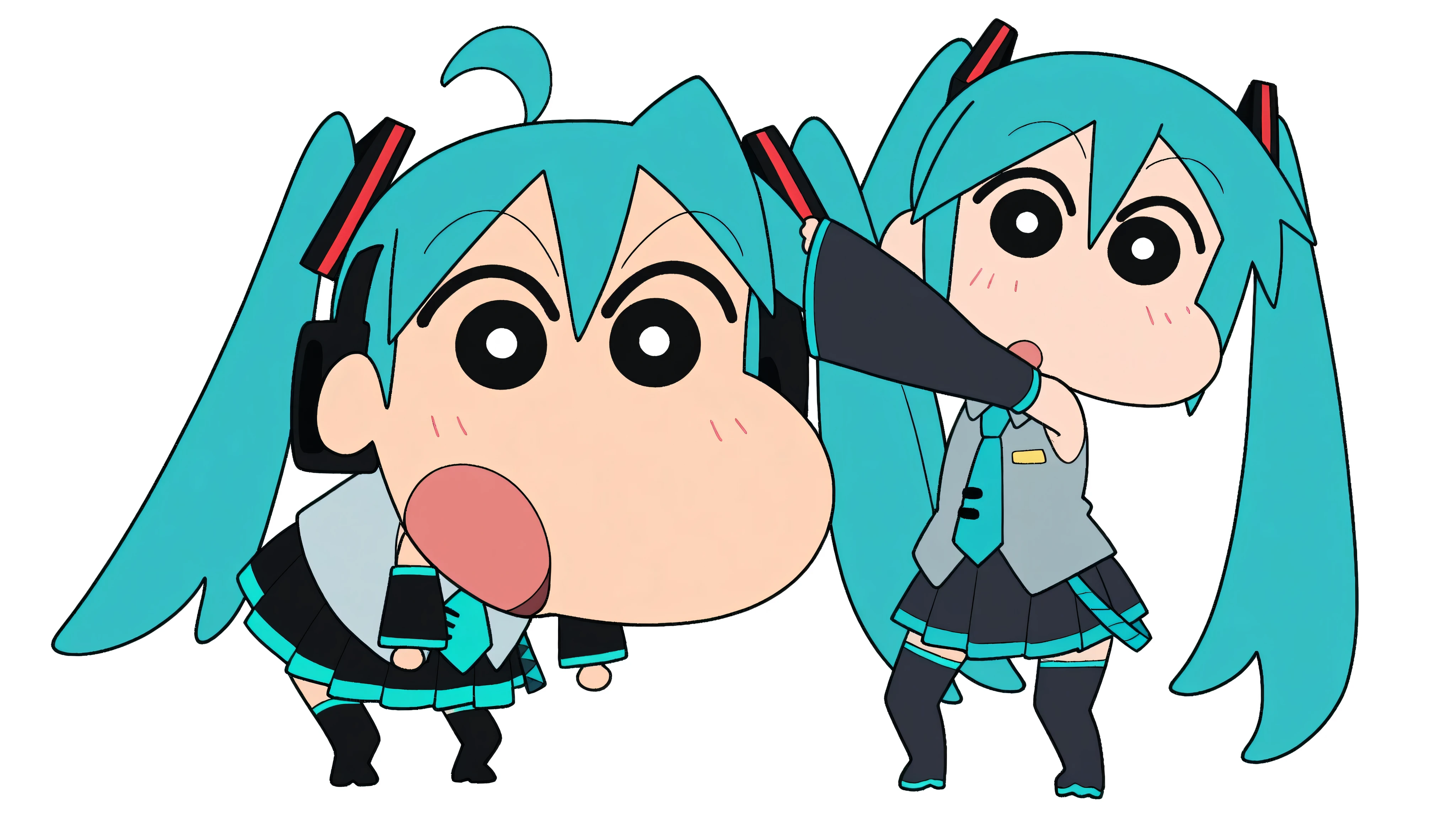 chibi character, anime style, source anime, trg_kureshin, CRAYON Shin-chan style, Shin Nohara, solo, looking_at_viewer, simple_background,
1girl, standing, full_body,open_mouth, black_eyes, from_front,
miku hatsune, ahoge, aqua eyes, aqua hair, crossed bangs, hair between eyes, hair ornament, headphones, long hair, twintails, aqua necktie, black footwear, black skirt, black sleeves, boots, collared shirt, detached sleeves, grey shirt, necktie, pleated skirt, shirt, skirt, sleeveless, sleeveless shirt, thigh boots, tie clip,

