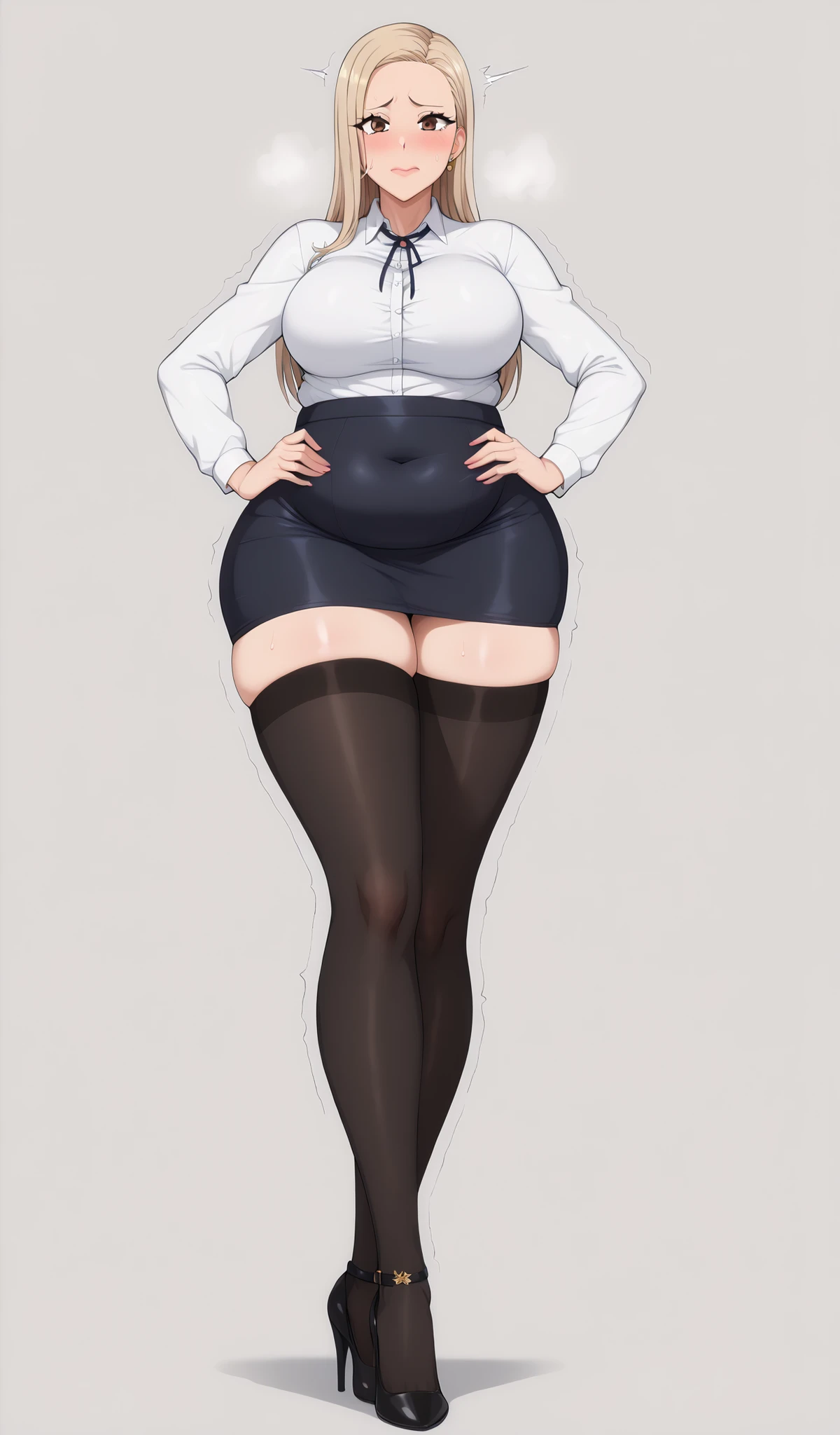 quality;{ Masterpiece , Ultra-realistic, 最高のquality,  HD,  Details,  High Resolution , 8k, 超 High Resolution , Realistic color saturation , プロフェッショナルquality,  perfect contrast,  perfect lighting, 素晴らしいquality, (Light gray background ),  Correct Anatomy ,}
composition;{(被写体から離れたcomposition:1.2), ( A beautiful secretary is photographed slightly from the front :1.2), (Light gray background :1.2), ( beautiful secretaries standing with black stockings and high heels :1.2),  , (Full body shot from face to ankles:1.2), ( Complete anatomy:1.4),   ( model pose standing with hands on hips ), (Reina Kurashiki's face :1.2), ( expression of pleasure or expression of climax :1.2),  eyelash , ( dark brown eyes),  blonde long hair ,  silver long hair ,  perfect skin,  clean skin,  version,  , sweat, Very curvaceous, ,  Wide Hips ,  huge ass,  steam, (Very wide thighs),, (Trembling legs:1.2), ( plump legs wearing black stockings that devour :1.2), ( anatomically correct body),, Perfect Arms, perfect hand,  Completed, (Perfect Legs), Perfect joint range of motion , }, 
 subject clothing ;{ ( Beautiful secretaries wear white shirts and tight, super mini skirts, black stockings, and high heels :1.4), ( The high waisted tight miniskirt is very short :1.2), ( Beautiful, fully clothed secretaries The beautiful secretary is strictly obligated to wear a white shirt, tight, super mini skirt, black stockings, and thick high heels with high heels:1.8), (The beautiful secretary's high heels have thick soles and round toes:1.2)}, pudgy, trembling, embarrassed, blush, fat, bloated, chubby belly, overweight, medium boobs,