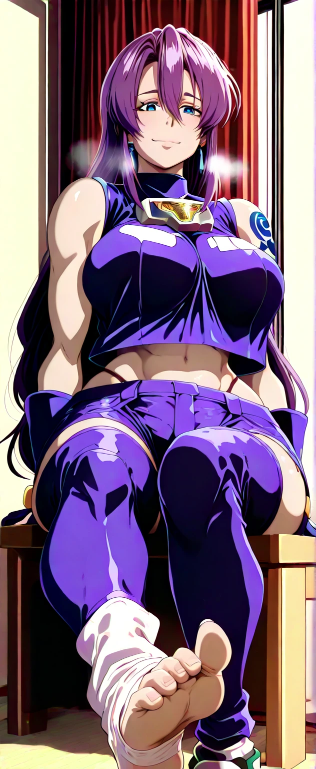 Babu-style, Hgk, (butcha-u-style:1.2), (imizu_(nitro_unknown)-style:1.4), (gin_moku-style:1.2), (j.k.-style:1.3), (anime coloring, anime screencap), shiny skin, (voluptuous body:1.4), (mature female:1.4), (cellulite:1.3), ((anatomical correct)), ((Cinematic, unreal engine, eye-catching, ambient occlusion, UHD, masterpiece)), ((perfect lighting, soft shadow)), perfect body, perfect eyes, perfect fingers, gasping, heavy breathing, gasping profusely, ((skindentation)), ((curvy)), arthur pencilgon, long hair, blue eyes, hair between eyes, very long hair, purple hair, long eyelashes, plump, ((vignetting)), 1girl, solo, sitting, breasts, barefoot, (curvy:1.2), toes, feet, looking_at_viewer, gloves, foot_focus, smirk, soles, closed_mouth, sleeveless, white shirt, crop top overhang, midriff, ((overhang)), sock, white socks, zettai ryouiki, dolphin short, short shorts, pink short,