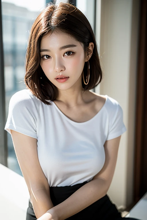 ((Realistic lighting, Best quality, 8K, Masterpiece: 1.3)), Clear focus: 1.2, 1girl, Perfect Figure: 1.4, Slim Abs: 1.1, ((Dark brown hair)), (White crop top: 1.4), (Outdoor, Night: 1.1), City streets, Super fine face, Fine eyes, Double eyelids,