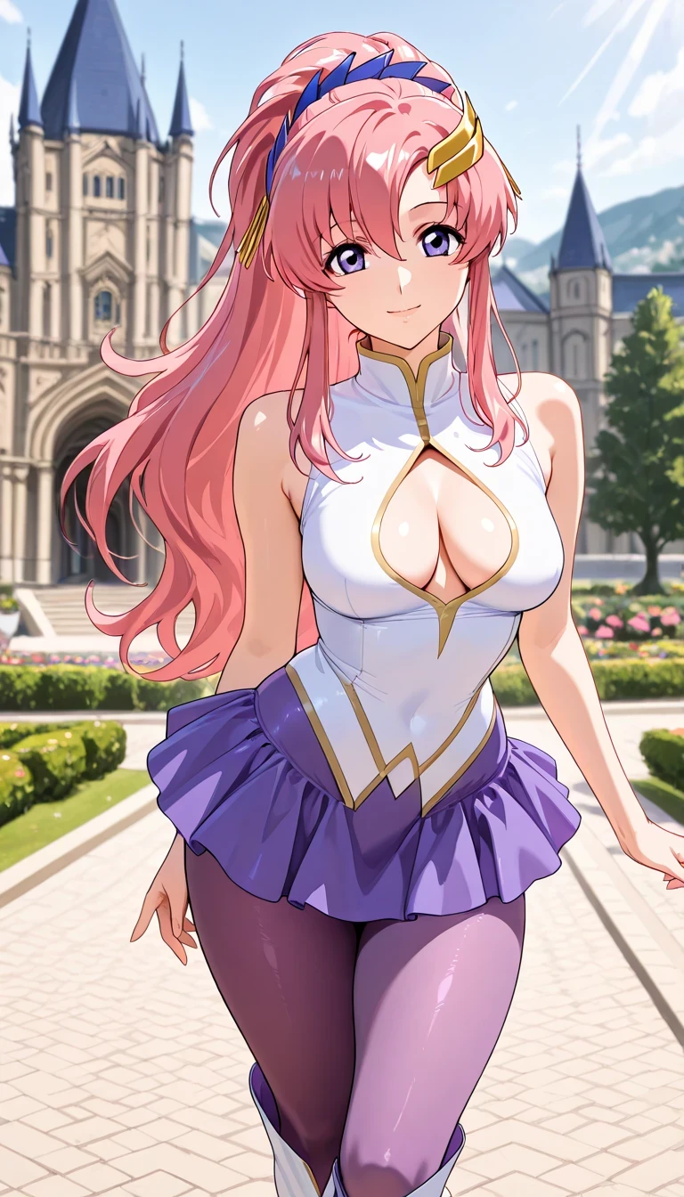 score_9, score_8_up, score_7_up, source_anime, Top Quality、8k、masterpiece、natural light、and high precision、perfect anatomy、A woman、small , sagging , (voluptuous body:1.3), lacus_c, 1girl, solo, long hair, ponytail, pink hair, hair between eyes, purple eyes, hair ornament, (Happy Expression, looking at viewer), sleeveless, Thin top, (tight top), Cleavage cutout, (tight micro skirt), purple pantyhose, long Boots, (palace、Garden, blurry background), standing,  pose