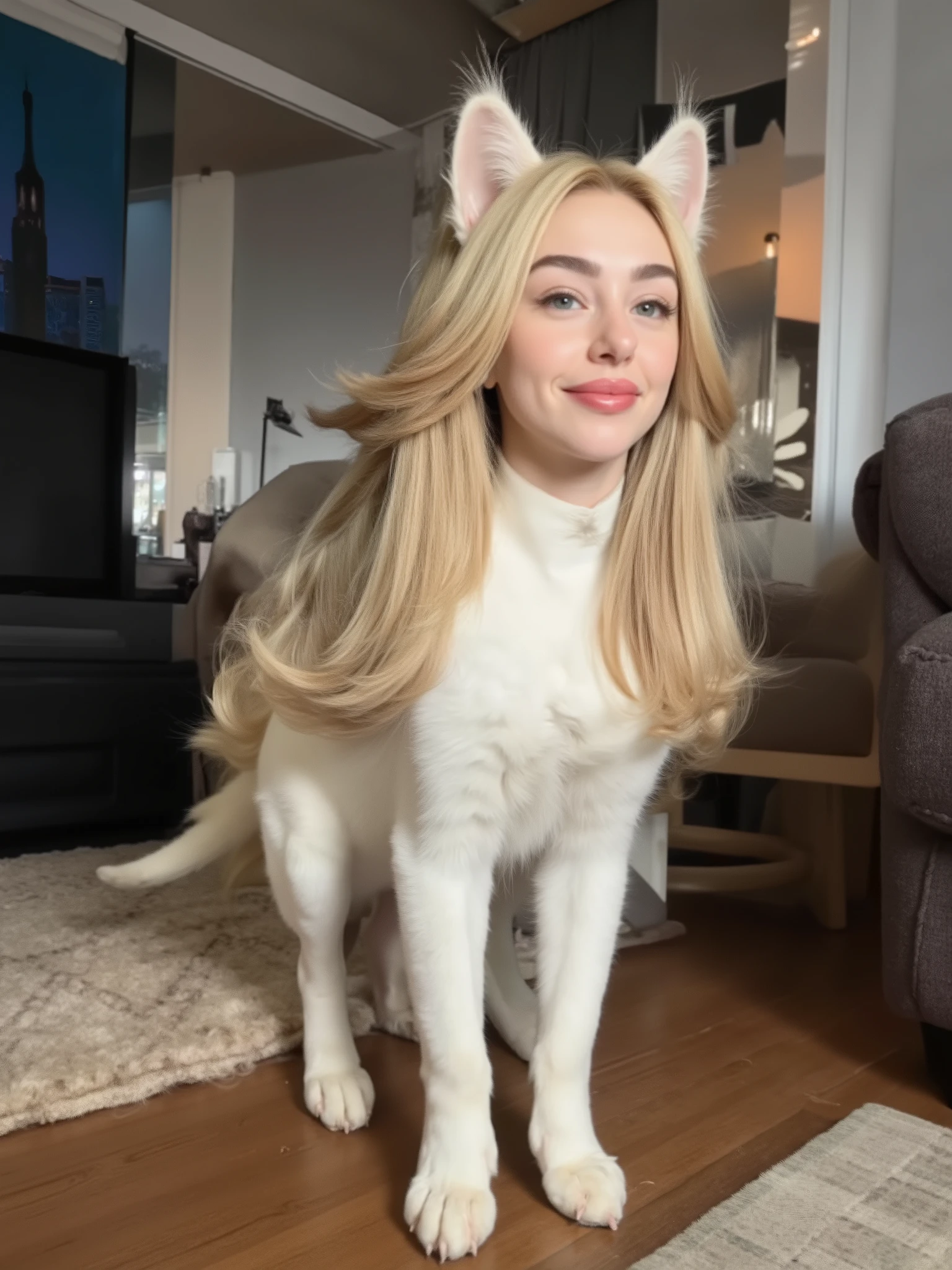 (masterpiece, high quality, high resolution hairstyle, hyperrealistic photograph), Majestic female anthropomorphic cat, hybrid creature standing on the ground on its four legs, humanized feline anatomy in an elegant posture, beautiful female face with delicate features, cat whiskers on the face , long, silky blond hair that falls on the shoulders, triangular cat ears that crown its head, shiny and expressive feline eyes, body completely covered with soft and shiny white fur, long and graceful tail moving to maintain balance, height proportional to an adult woman, defined feline muscles under the fur, proud and elegant posture, Flirty and happy. Modern home interior, LED lighting that creates defined shadows and dramatic contrasts, detailed realistic textures, perfect details of hair and skin, 8K, professional lighting , balanced composition, depth of field
