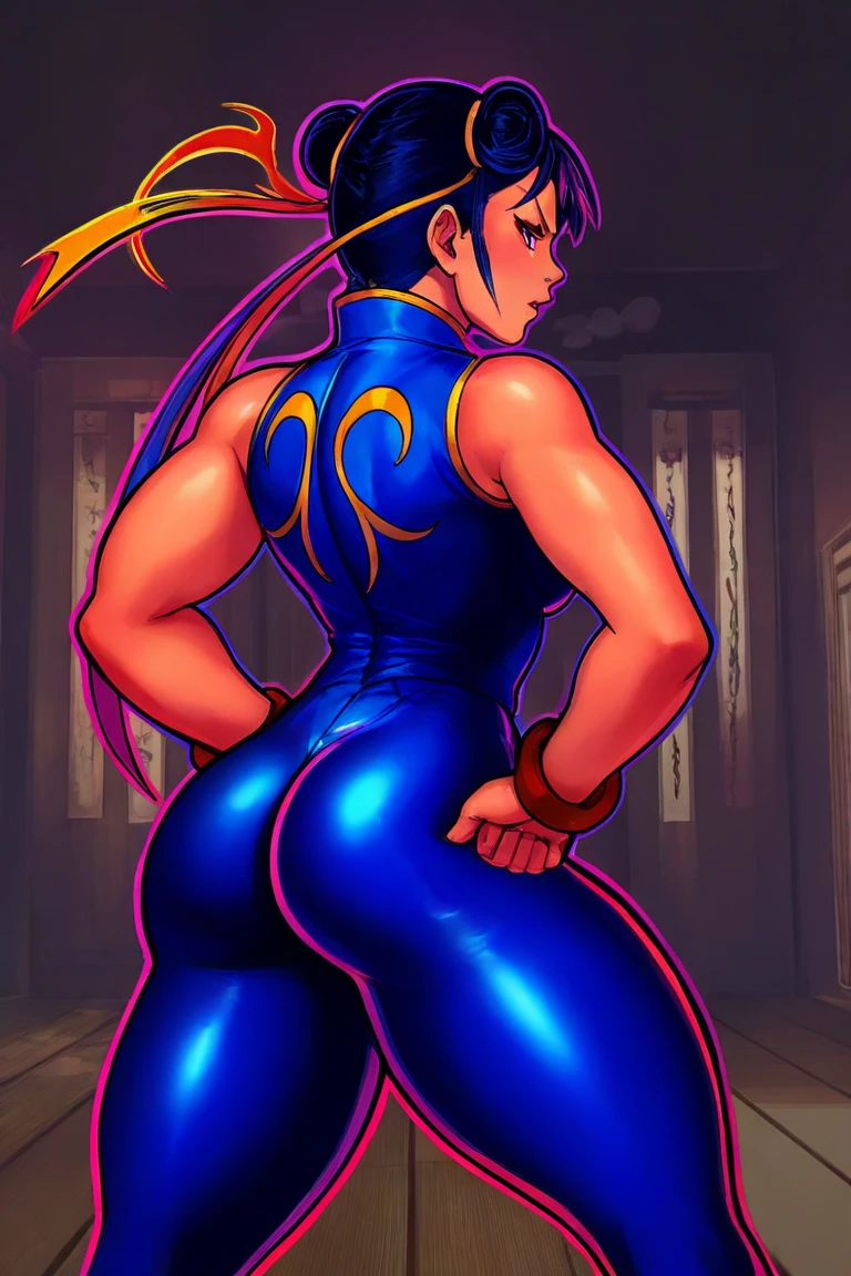 (source_anime, score_9, score_8_up, score_7_up:1), SF2CL, ((hair buns, covered buns, blue lingerie, pantyhose, garter, spiked bracelets)), at the bed, kneeling, big butt, looking to camera, very sexy<lora:EMS-353179-EMS:1.000000>