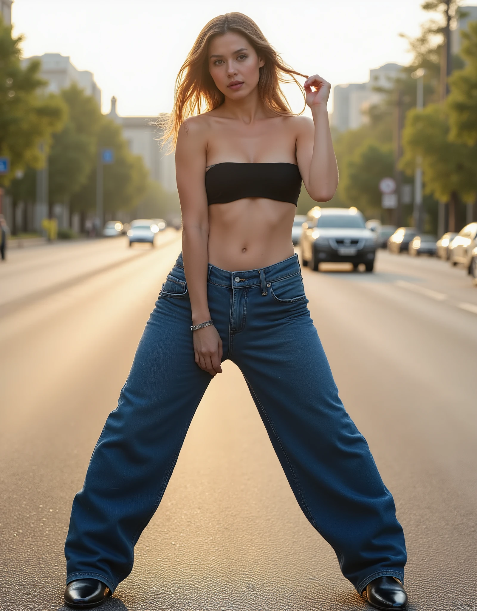 A cinematic photography of a young and beautiful China sensual supermodel Liu Wen posing confidently on a sidewalk of busy urban street of Tokyo in the morning. Liu Wen is a young and sensual Chinese supermodel with very beautiful thin face, very pointy nose, perfect detailed eyes, and a slender body with pale white skin and very very huge round breasts. Her attire includes a strapless tight cropped-top that highlights her toned midriff, paired with oversized baggy denim pants that cascade down to the floor, showing clearly her see-through thong panties, creating an elegant sensual drape. Her posture is slightly tilted, with her right arm elegantly raised above her head to rubs her hair while her left arm slightly rubs her cheek, and her legs are spreading wide open, conveying a sense of confidence, avant-garde and poise. Her long, blonde hair, stylized with bang, flows freely, cascading down her back and bare naked shoulders. Liu Wen is wearing sleek, pointed-toe black boots that peek from beneath her wide-legged jeans, adding an edgy finishing touch to her modern, sensual, fashion-forward look. Behind her, a bustling highway stretches into the distance, illuminated by the warm glow of sunlights that reflect off the smooth asphalt. The trails of cars create a dynamic sense of movement as they streak towards the horizon, forming lines of variable intensity and color. The lighting is soft, focusing on Liu Wen and emphasizing the deep blue hues of her blueish attire, creating a calm, sophisticated atmosphere. The photo is inspired by the photography works of Guy Bourdin and Patrick Demarchelier. The photo is captured in a very sharp focus with Hasselblad camera, completed with Kodak Gold film color to emulate the sunlit vibrant color palette.