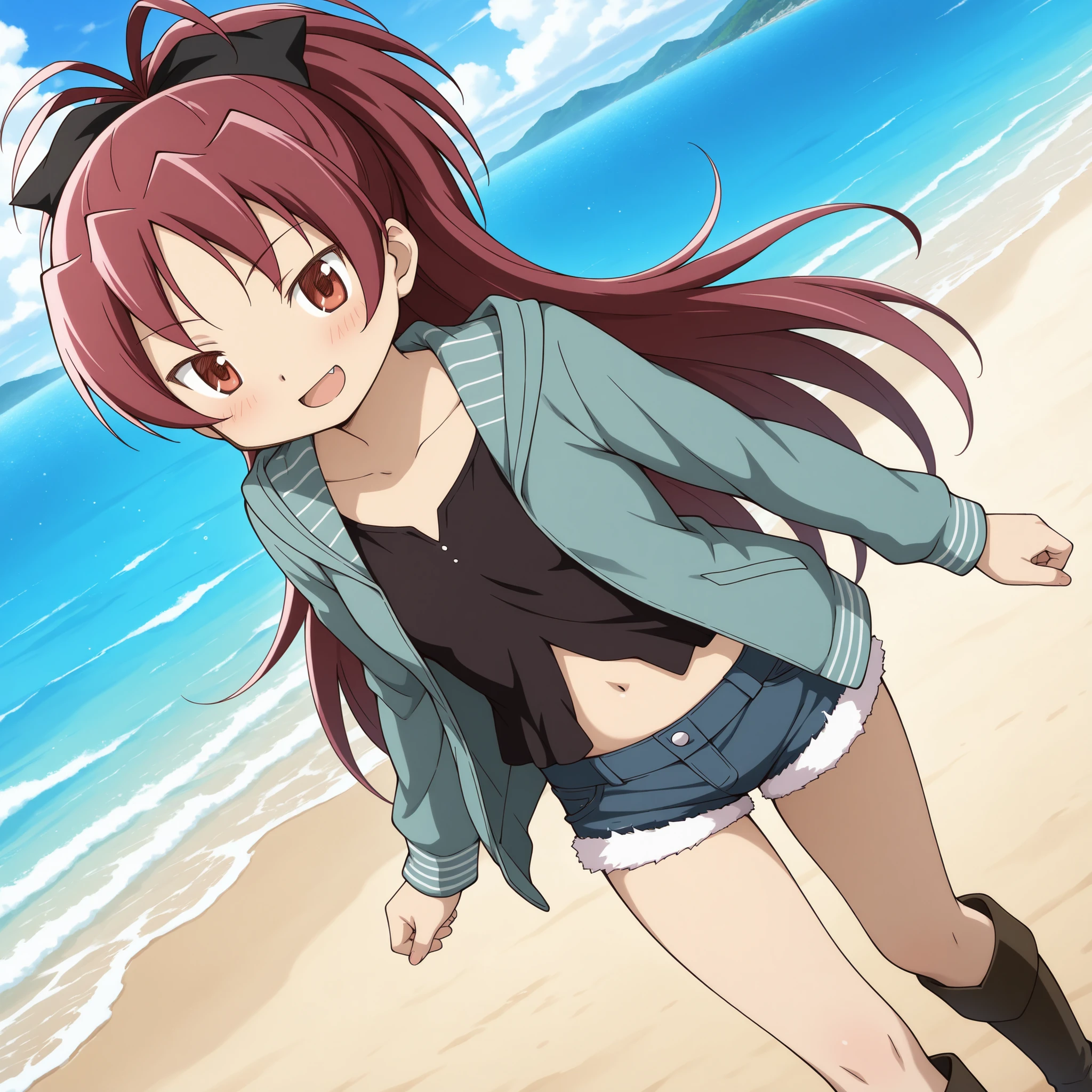 absurdres, highres, masterpiece, best quality, amazing quality, anime style, anime capture, anime screen, 1girl, solo, mahou shoujo madoka magica, sakura kyoko, red eyes, red hair, ponytail, long hair, hair bow, open hoodie, long sleeves, black shirt, navel, denim shorts, brown boots, blush, smile, open mouth, looking at viewer, dutch angle, outdoors, ocean