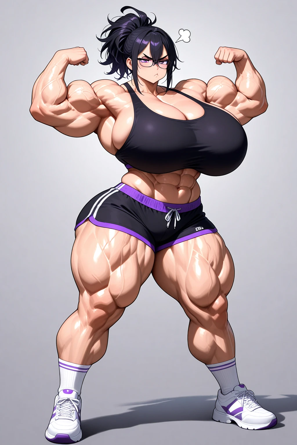 (((((Massive tall, beautiful, buff, pale white skinned, muscular asian woman with violet purple hair, black lipstick, ginormous bulky muscles and wearing a violet purple genie bra with harem pants))))), (close view), massive muscles, massive biceps, hyper muscle shoulders, vascular shoulders, hyper muscle triceps, (long hair with long bangs), black eyes, (genie arm sleeve), high heel shoes, (in a mystical Arabian city), evening, Vascular arms, hyper vascular arm, hyper muscles arms, hyper muscle legs, massive buff arms.