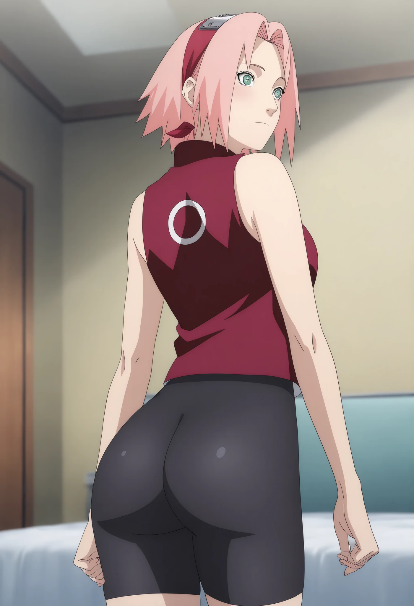 masterpiece, best quality, highly detailed, masterpiece, best quality, eyelashes, (beautiful eyes), cowboy shot, official anime illustration, official artwork, screenshot, (masterpiece, best quality), , detailed,,, nsfw, without clothes, , solo, sakura haruno,pink hair, green eyes, short hair, , bike shorts, from back, spandex