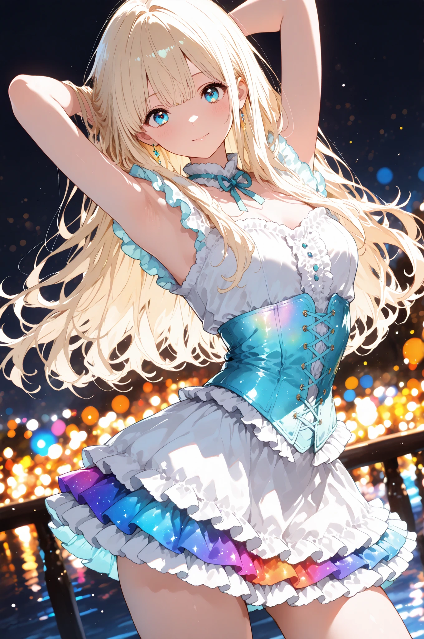 Fluffy frills, beautiful corset, Female student style costume,1 woman,  Long Hair , Blonde, standing pose, Vivid Color,graceful behavior, Delicate Construction ,high resolution,anime style, Anime Paint,Precision Illustration,4K rendering,full lighting,strong focus,Perfect texture,Bokeh,Bright Colors,just like a gravure photo