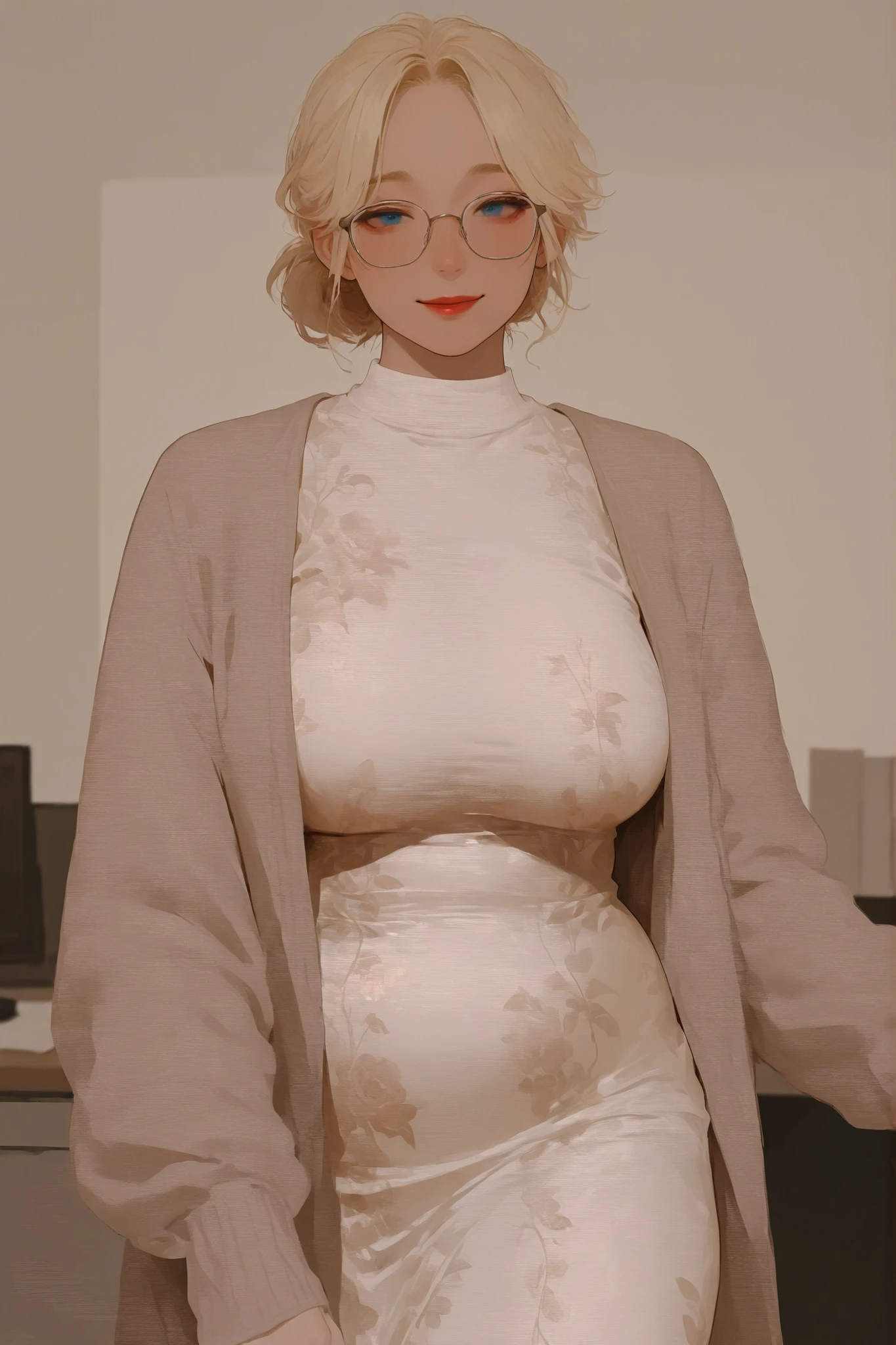 A chuppy girl , plump ,full breasts,  full tight, sweater, light blonde hair. blue eyes, long floral dress, red lips. bun, smile gently, office background, wearing glasses. 