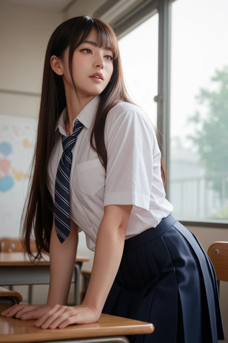 , ((Backwards)), ((Show me your ass)), (masterpiece, Highest quality:1.2), 8K, Young and beautiful girl, 85mm,Official AR RAW Photos, (Baby Face), ((Small face)), ((Big Breasts))、((Show me your boobs)), Detailed , Classroom after school, (((Lying on a desk in the classroom))), Show me your ears、photo shoot, Cute face, Thighs, Embarrassing、smile、 makeup, Film Grain, chromatic aberration, Sharp focus, Face Light, Bright lighting, 10 generations, Detailed face, Background blur、((((((14 year old high school girl))))))、Narrow waist, White dress shirt、Dark blue 、Lift the skirt with your hands, White tiny , Sleeping on the desk, Detailed pubic hair, (Sensual look), ( pose)