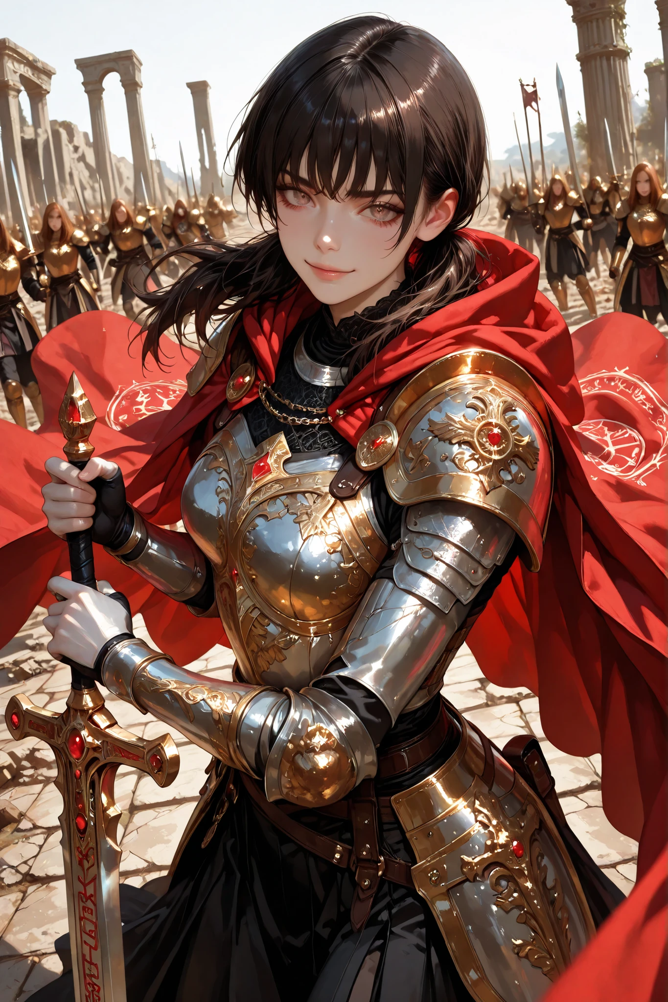 1 girl, Mitaka Asa, long hair, low ponytails, dark brown eyes, pretty eyes, detailed eyes, gradient eyes, crystal eyes, long eyelashes, beautiful eyes, beautiful face, perfectly symmetrical face, delicate and harmonious features, face with golden ratio, beautiful hair, realistic skin with natural texture, medium breasts, good anatomy, full polished platinum armor with ornate gold details, anatomically adapted female breastplate, elaborate shoulder pads with lion engravings, flowing crimson cloak, standing, looking at the viewer, slight mocking smile, detailed correct hands, holding a holy sword with runes engraved on the blade, in battle stance, battlefield, dutch angle, incoming attack, battle cry, scenery of ancient ruins in the background, dynamic composition, epic and intimidating atmosphere, detailed photorealism, depth of field, 8k, HDR, superior quality, masterpiece, ultra-detailed, very aesthetic