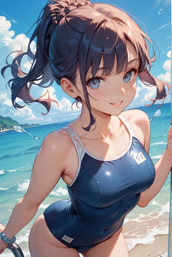 girl、solo、、swimsuit one piece、seductive pose、smile、beach、Playing with the waves on the beach、