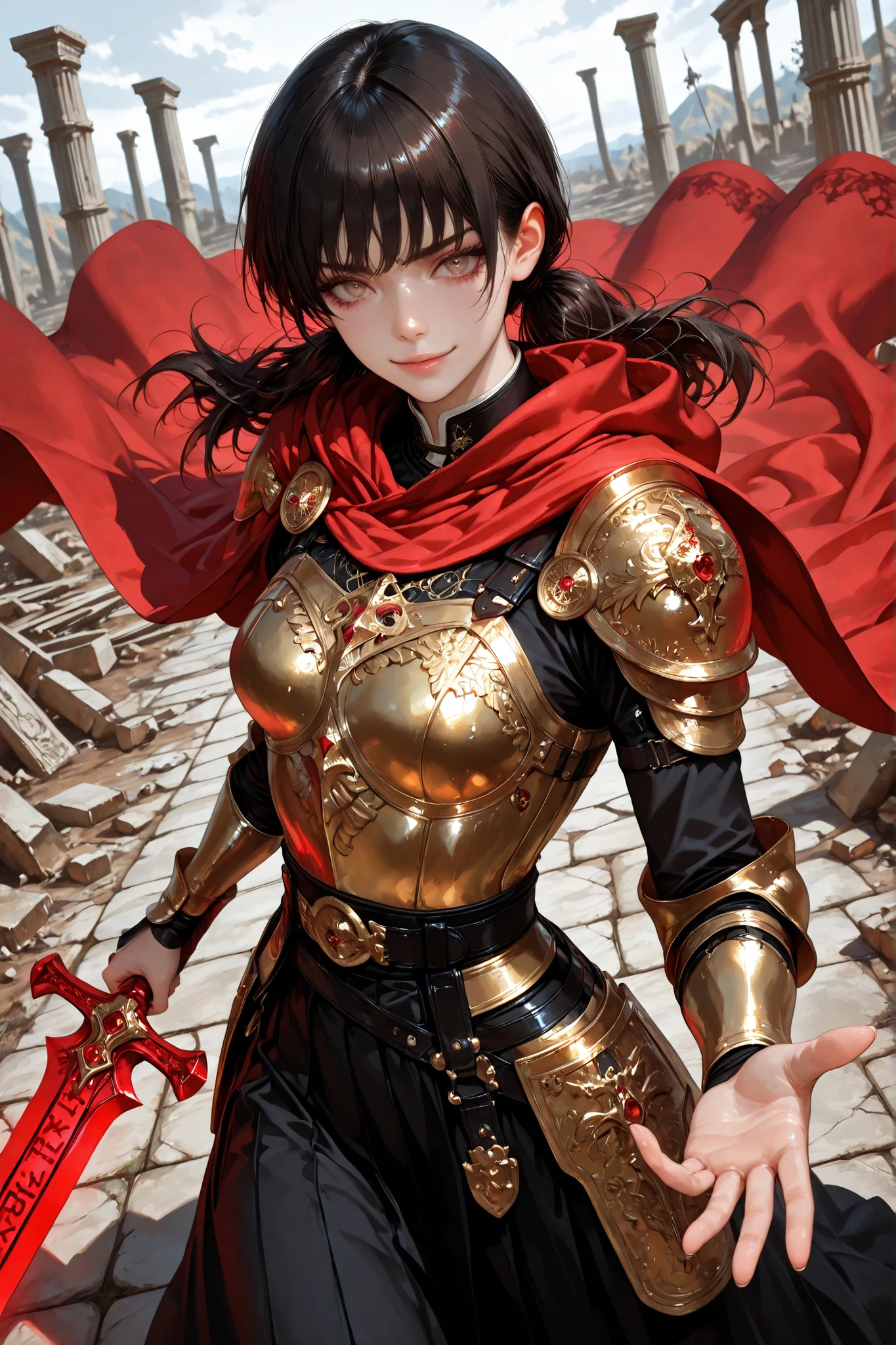 1 girl, Mitaka Asa, solo, long hair, low ponytails, dark brown eyes, pretty eyes, detailed eyes, gradient eyes, crystal eyes, long eyelashes, beautiful eyes, beautiful face, perfectly symmetrical face, delicate and harmonious features, face with golden ratio, beautiful hair, realistic skin with natural texture, medium breasts, good anatomy, full polished platinum armor with ornate gold details, anatomically adapted female breastplate, elaborate shoulder pads with lion engravings, flowing crimson cloak, standing, looking at the viewer, slight mocking smile, detailed correct hands, holding a holy sword with runes engraved on the blade, in battle stance, battlefield, dutch angle, incoming attack, battle cry, scenery of ancient ruins in the background, dynamic composition, epic and intimidating atmosphere, detailed photorealism, depth of field, 8k, HDR, superior quality, masterpiece, ultra-detailed, very aesthetic