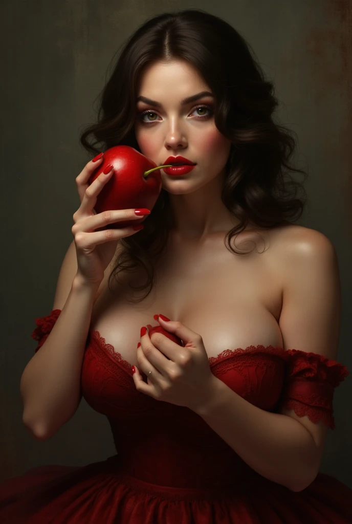 Girl assfrontview macacão látex gold de frente , , friendly, inviting, looking at viewer, muscular arms, muscular abs, athletic body, pussy, huge breasts, detailed, raw photo, photorealistic, professional photograph, attractive, stunning, cinematic, intricate, artistic, highly complimentary colors, perfect compositioné tênis branco ,Black long hair，Black Queen，accessories，Apple in hand，Poison apples，Witch Queen，Red lipstick , Masterpiece, high quality, high resolution,