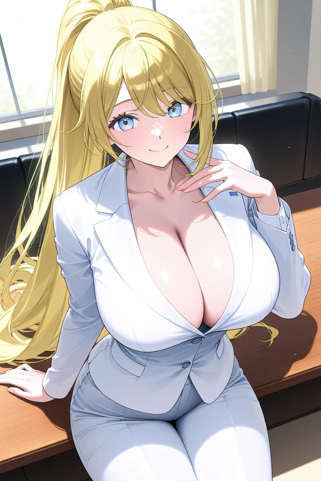 (best quality:1.5, highres, UHD, 4K, detailed lighting, shaders, perfect hand ???????), blonde straight hair, busty, nurse outfit, cleavage, thighs, smiling, pov, close shot, standing, hospital background