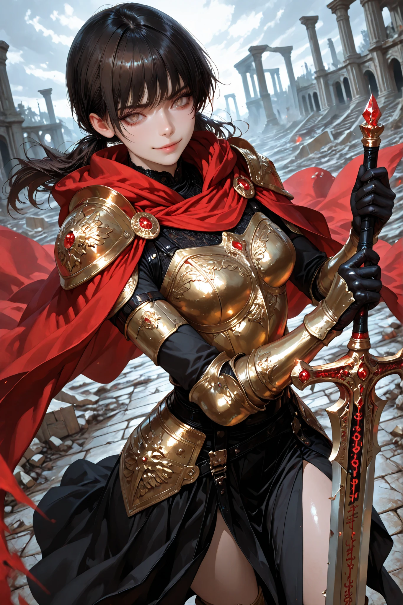 1 girl, Mitaka Asa, solo, long hair, low ponytails, dark brown eyes, pretty eyes, detailed eyes, gradient eyes, crystal eyes, long eyelashes, beautiful eyes, beautiful face, perfectly symmetrical face, delicate and harmonious features, face with golden ratio, beautiful hair, realistic skin with natural texture, medium breasts, good anatomy, full polished platinum armor with ornate gold details, anatomically adapted female breastplate, elaborate shoulder pads with lion engravings, flowing crimson cloak, standing, looking at the viewer, slight mocking smile, detailed correct hands, holding a holy sword with runes engraved on the blade, in battle stance, battlefield, dutch angle, incoming attack, battle cry, scenery of ancient ruins in the background, dynamic composition, epic and intimidating atmosphere, detailed photorealism, depth of field, 8k, HDR, superior quality, masterpiece, ultra-detailed, very aesthetic