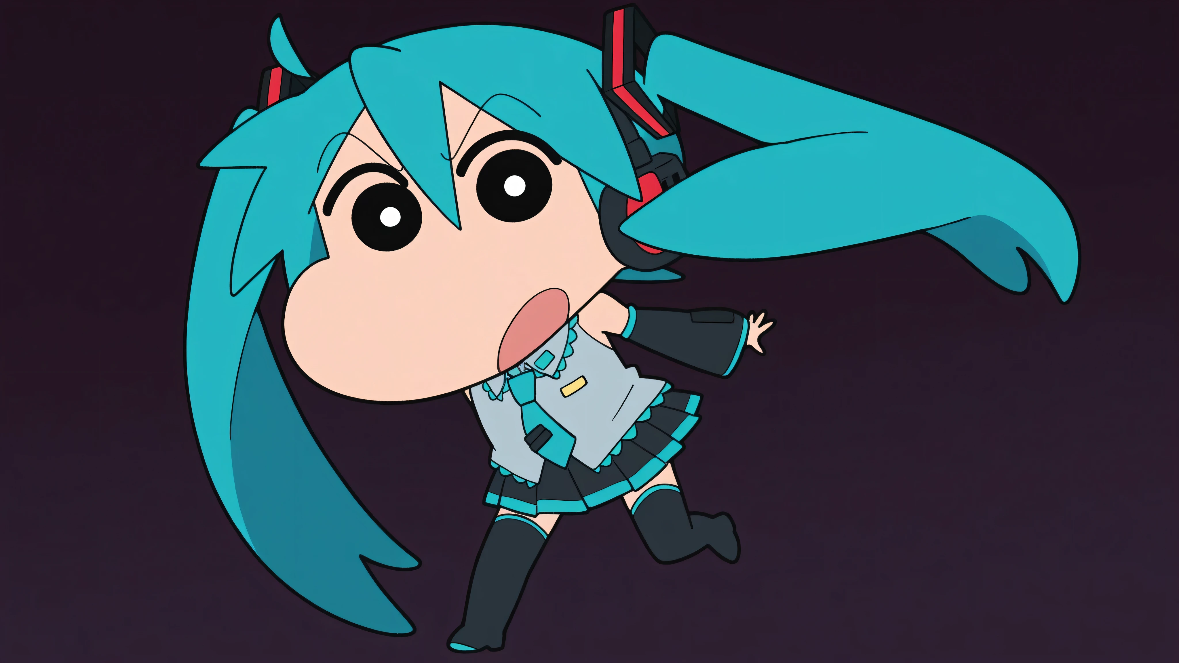 chibi character, anime style, source anime, trg_kureshin, CRAYON Shin-chan style, Shin Nohara, solo, looking_at_viewer, simple_background,
1girl, standing, full_body,open_mouth, black_eyes, from_front,
miku hatsune, ahoge, aqua eyes, aqua hair, crossed bangs, hair between eyes, hair ornament, headphones, long hair, twintails, aqua necktie, black footwear, black skirt, black sleeves, boots, collared shirt, detached sleeves, grey shirt, necktie, pleated skirt, shirt, skirt, sleeveless, sleeveless shirt, thigh boots, tie clip,