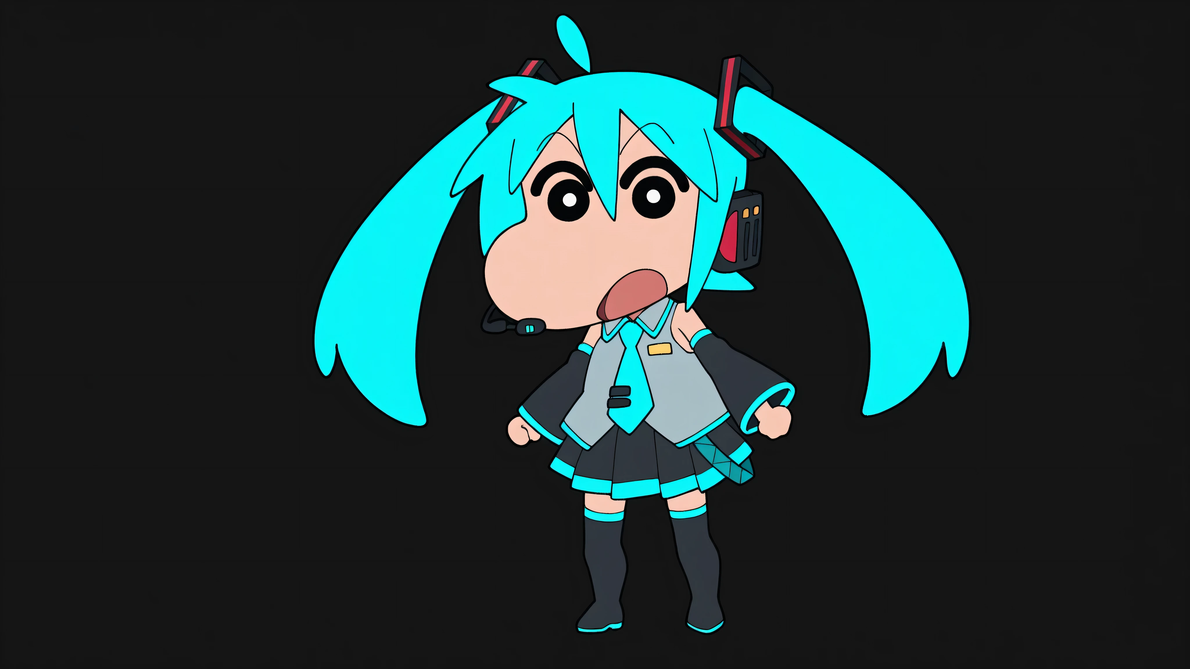 chibi character, anime style, source anime, trg_kureshin, CRAYON Shin-chan style, Shin Nohara, solo, looking_at_viewer, simple_background,
1girl, standing, full_body,open_mouth, black_eyes, from_front,
miku hatsune, ahoge, aqua eyes, aqua hair, crossed bangs, hair between eyes, hair ornament, headphones, long hair, twintails, aqua necktie, black footwear, black skirt, black sleeves, boots, collared shirt, detached sleeves, grey shirt, necktie, pleated skirt, shirt, skirt, sleeveless, sleeveless shirt, thigh boots, tie clip,

