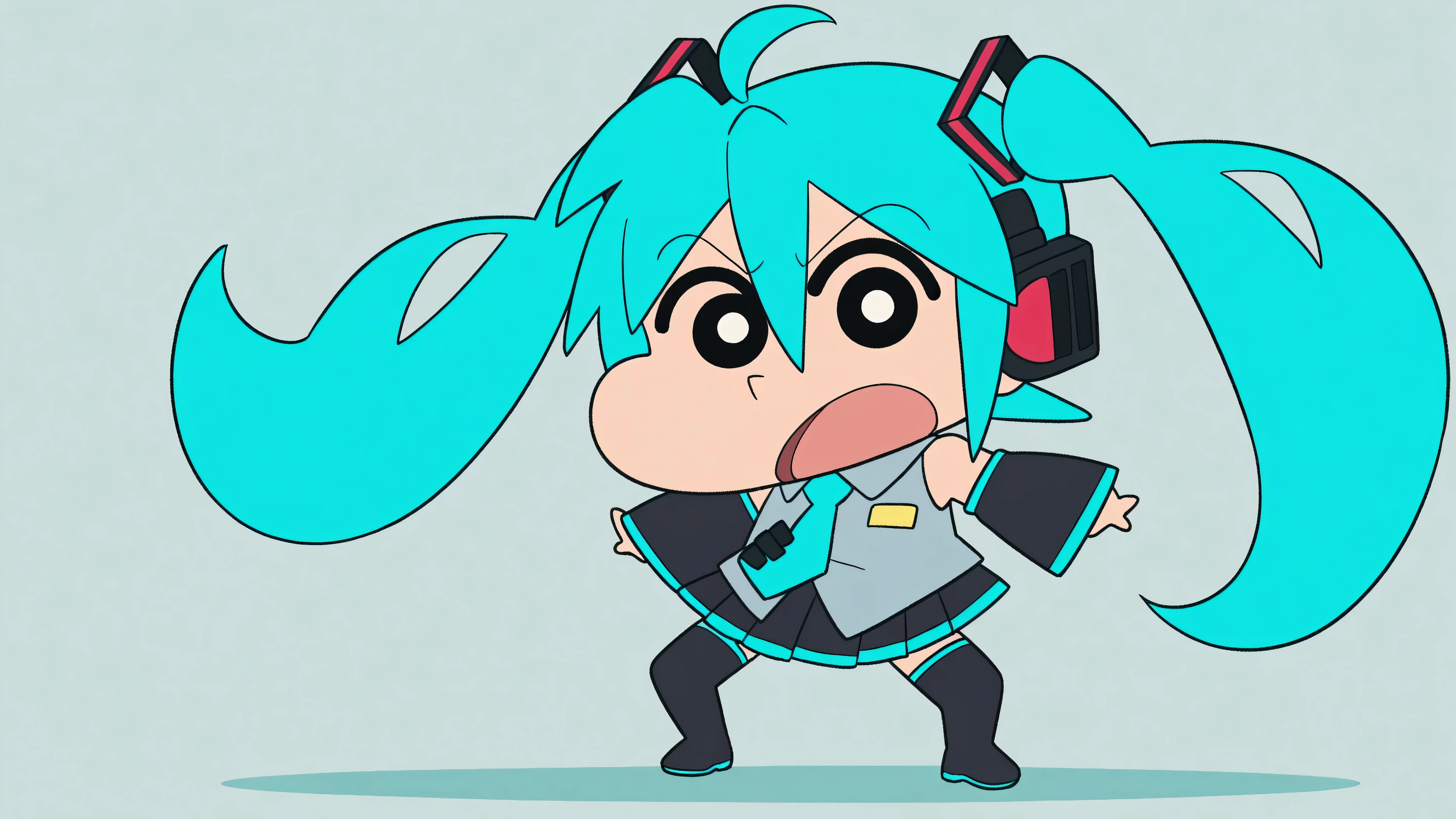 chibi character, anime style, source anime, trg_kureshin, CRAYON Shin-chan style, Shin Nohara, solo, looking_at_viewer, simple_background,
1girl, standing, full_body,open_mouth, black_eyes, from_front,
miku hatsune, ahoge, aqua eyes, aqua hair, crossed bangs, hair between eyes, hair ornament, headphones, long hair, twintails, aqua necktie, black footwear, black skirt, black sleeves, boots, collared shirt, detached sleeves, grey shirt, necktie, pleated skirt, shirt, skirt, sleeveless, sleeveless shirt, thigh boots, tie clip,

