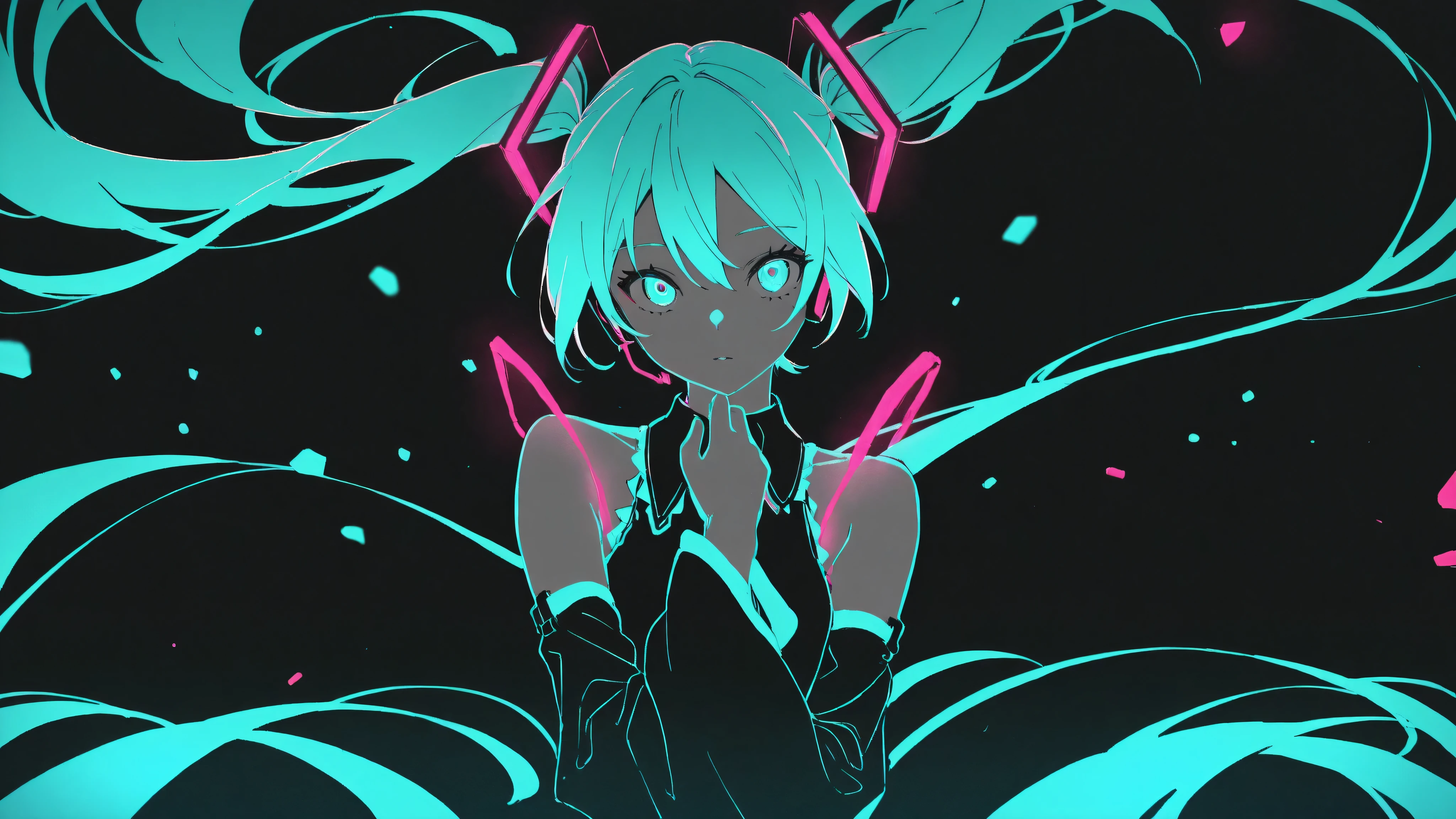 Hatsune Miku,limited palette,black background,colorful,vibrant,glowing outline,neon,blacklight,looking at viewer, masterpiece, very aesthetic