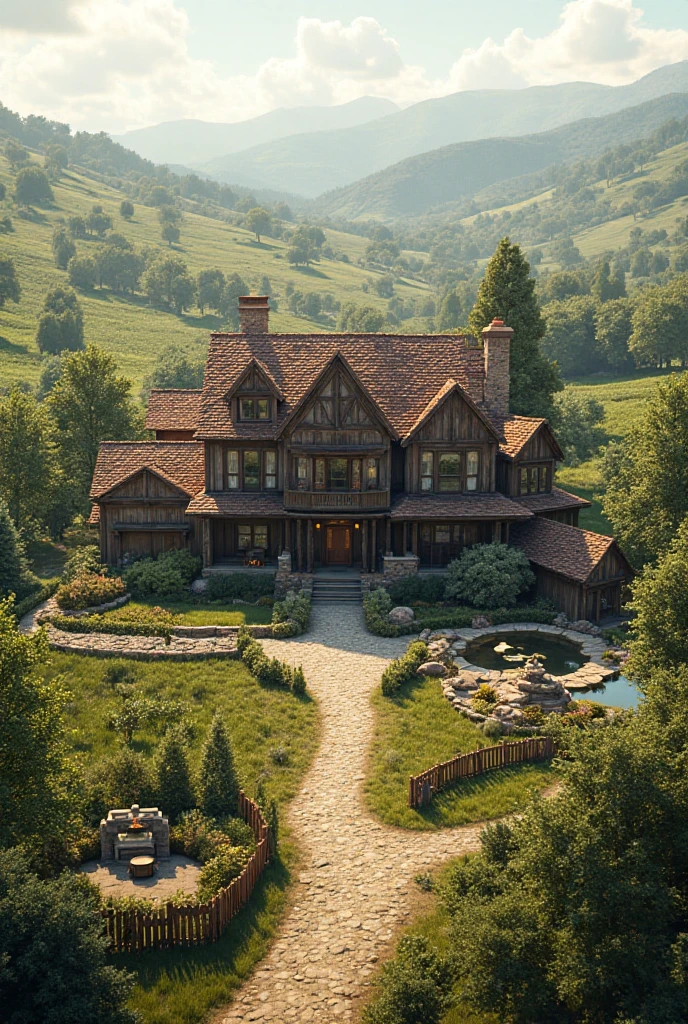Inspire the creation of a realistic, yet fantastical, rendering of a magical cottage nestled in a UHD landscape, blending seamlessly with its surroundings and emanating an enchanting glow.