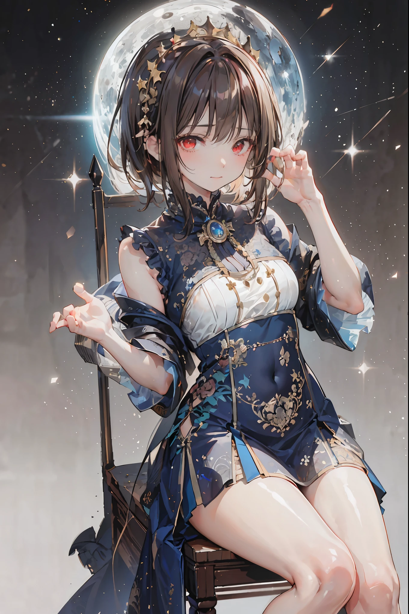 (((red eyes)))、(((Gold crown)))、night，A bewitching crimson eyed fairy with high quality red eyes and a sad expression、Sitting on a splendid chair in an abandoned castle、It looks like they are crossing their legs。luxurious crown，brown hair，shortcuts，unkempt hair，long skirt that comes off the shoulder straps，Short braided hair，Neat，slender beauty，correct posture，small breasted，Beautiful legs，Enchanting Gray-Blue Eyes Shine Like Stars，Saggy Eyes，Brilliant Colors,beautiful eyes,A delicate smile,Textured Skin,Best quality at its best,gentle and beautiful woman,anime style､darkness and moonlight shining in the background、there are multiple old portraits hanging that make you feel the passage of time。meteor、空から降り注ぐmeteor、無数のmeteor群、the color of determination floats in her mouth、a small flame shines thinly。detailed 4K rendering,Ultra High Definition,Photographic Realism,professional,Extremely colorful,bokeh