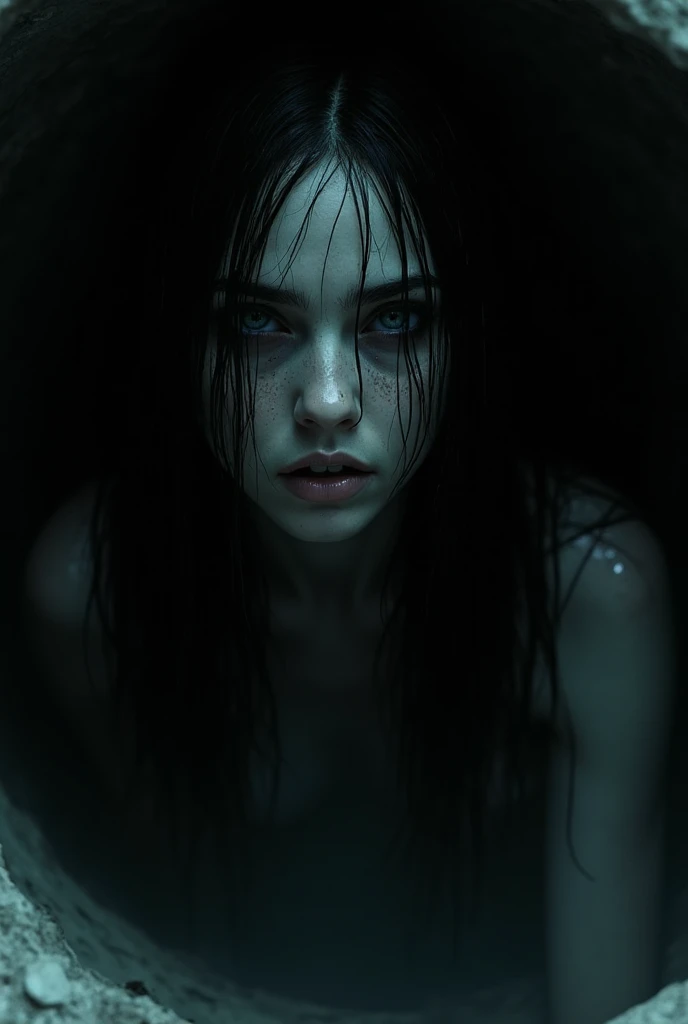 film photography, vintage, fashion photography of horror, close up photo of ugly horror witch with blue eyes in black water, blue night forest background