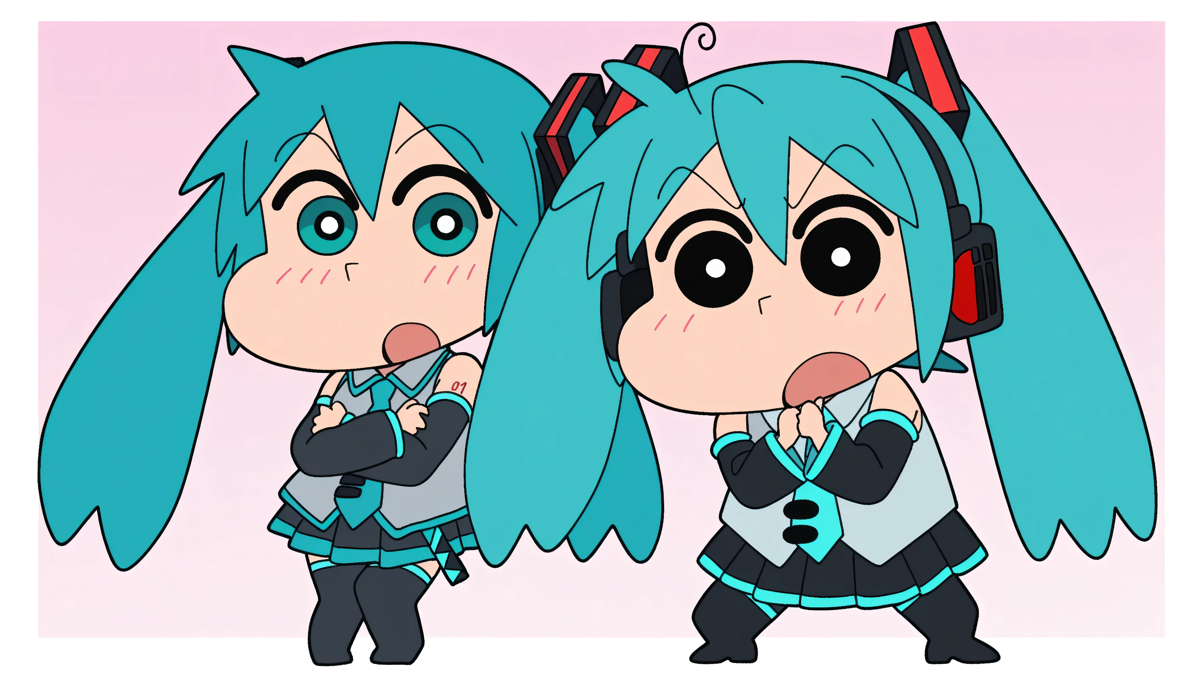 chibi character, anime style, source anime, trg_kureshin, CRAYON Shin-chan style, Shin Nohara, solo, looking_at_viewer, simple_background,
1girl, standing, full_body,open_mouth, black_eyes, from_front,
miku hatsune, ahoge, aqua eyes, aqua hair, crossed bangs, hair between eyes, hair ornament, headphones, long hair, twintails, aqua necktie, black footwear, black skirt, black sleeves, boots, collared shirt, detached sleeves, grey shirt, necktie, pleated skirt, shirt, skirt, sleeveless, sleeveless shirt, thigh boots, tie clip,

