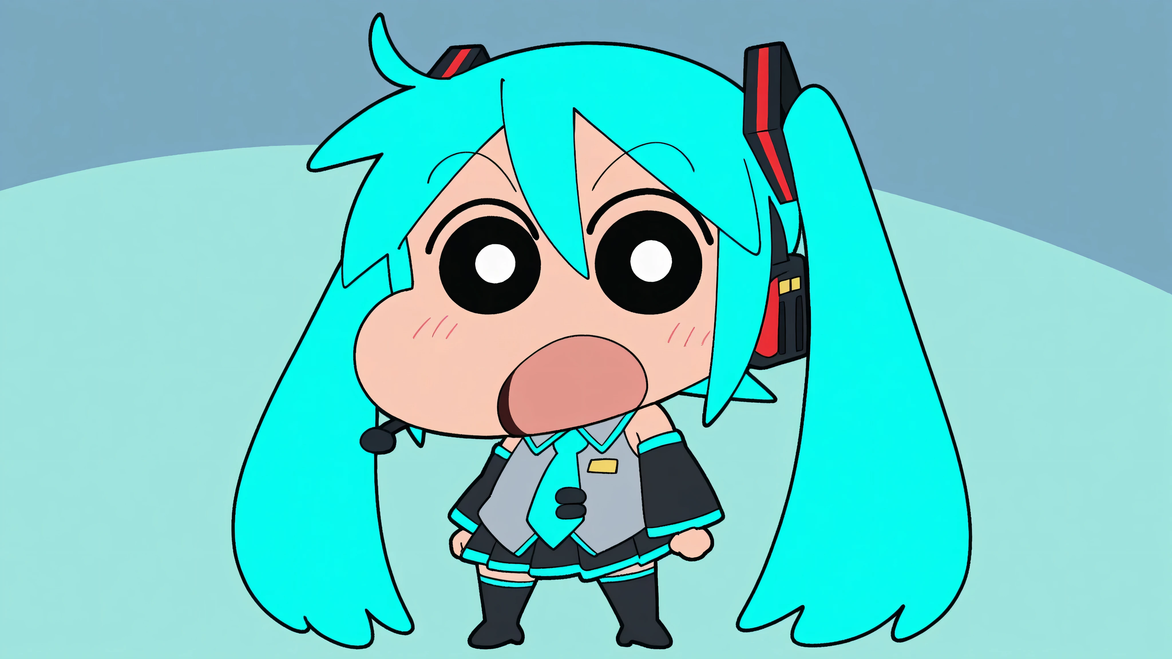 chibi character, anime style, source anime, trg_kureshin, CRAYON Shin-chan style, Shin Nohara, solo, looking_at_viewer, simple_background,
1girl, standing, full_body,open_mouth, black_eyes, from_front,
miku hatsune, ahoge, aqua eyes, aqua hair, crossed bangs, hair between eyes, hair ornament, headphones, long hair, twintails, aqua necktie, black footwear, black skirt, black sleeves, boots, collared shirt, detached sleeves, grey shirt, necktie, pleated skirt, shirt, skirt, sleeveless, sleeveless shirt, thigh boots, tie clip,

